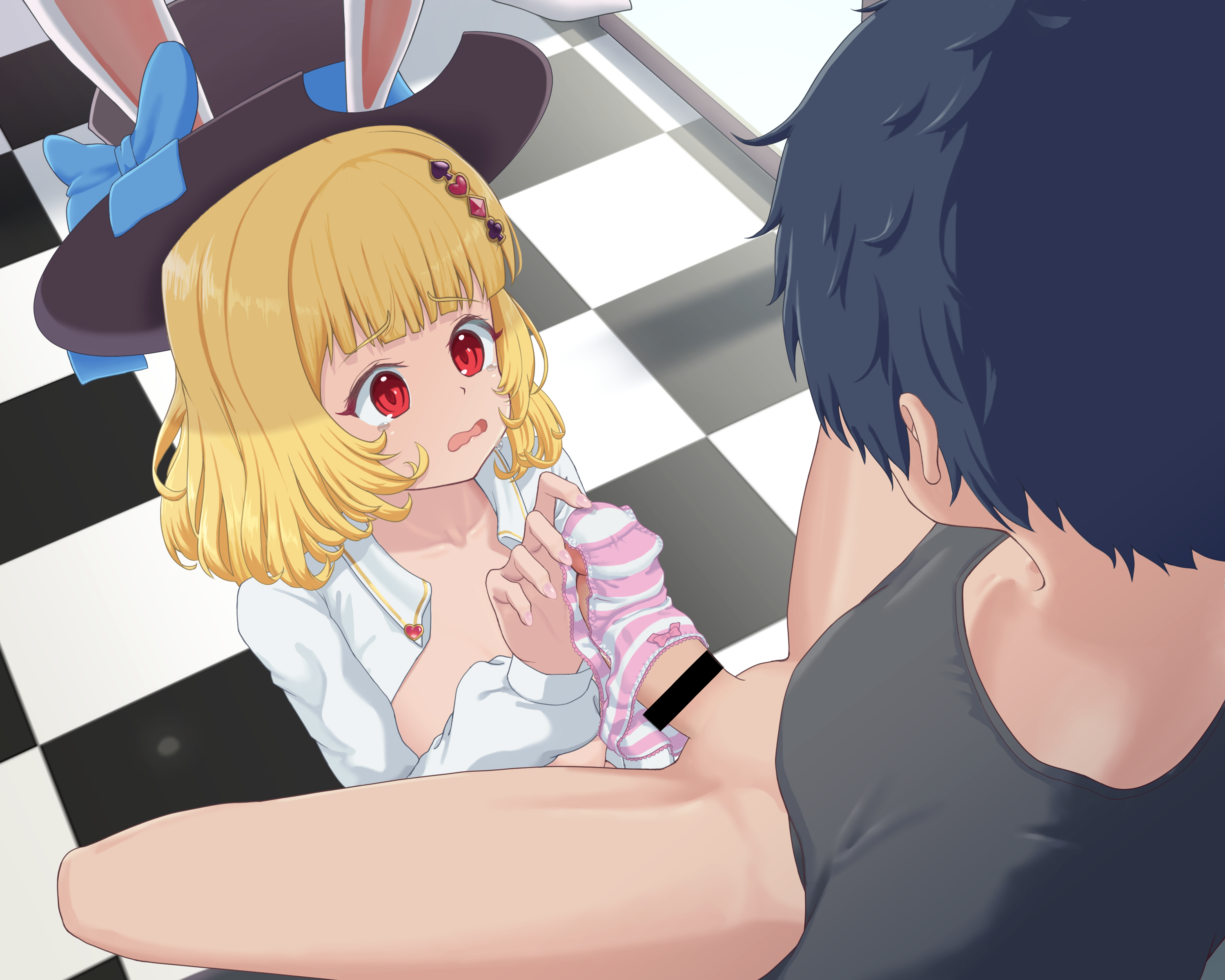 miyakuru, alice's adventures in wonderland, original, absurdres, highres, paid reward available, variant set, 1boy, 1girl, bar censor, black hair, black hat, blonde hair, blue ribbon, bow, bow panties, breasts, censored, checkered floor, from above, hair ornament, hat, hetero, looking at another, looking at penis, medium hair, open clothes, open shirt, panties, panties on penis, penis, pink bow, pink panties, poking, red eyes, ribbon, shirt, small breasts, striped clothes, striped panties, underwear, white panties, white shirt