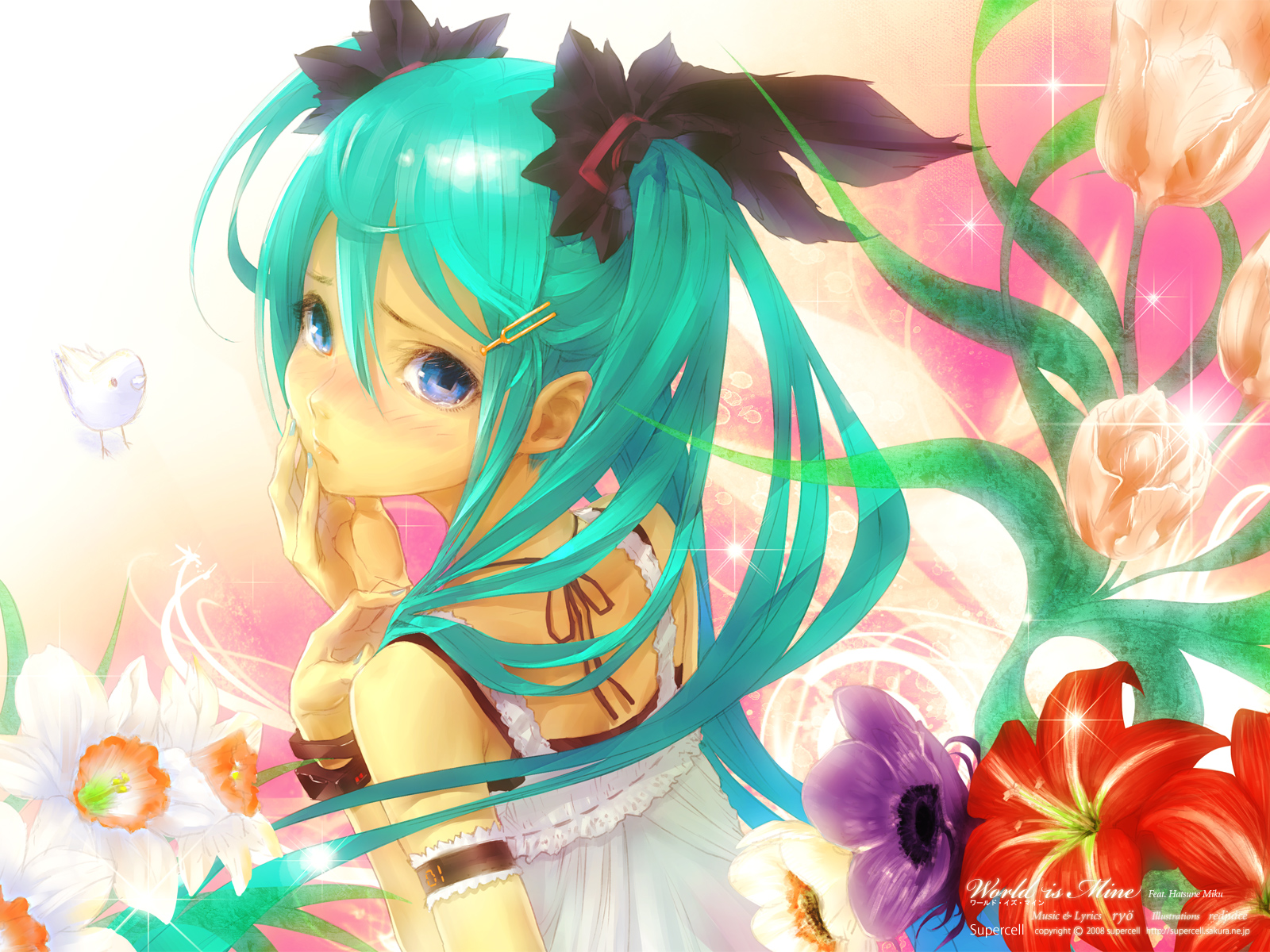 redjuice, hatsune miku, supercell (band), vocaloid, world is mine (vocaloid), highres, 1girl, amaryllis (flower), bird, blue eyes, brown flower, daffodil, female focus, flower, from behind, from side, green hair, hair ornament, hairclip, hand on own cheek, hand on own face, lily (flower), long hair, looking at viewer, looking back, solo, sparkle, tears, tulip, twintails, upper body