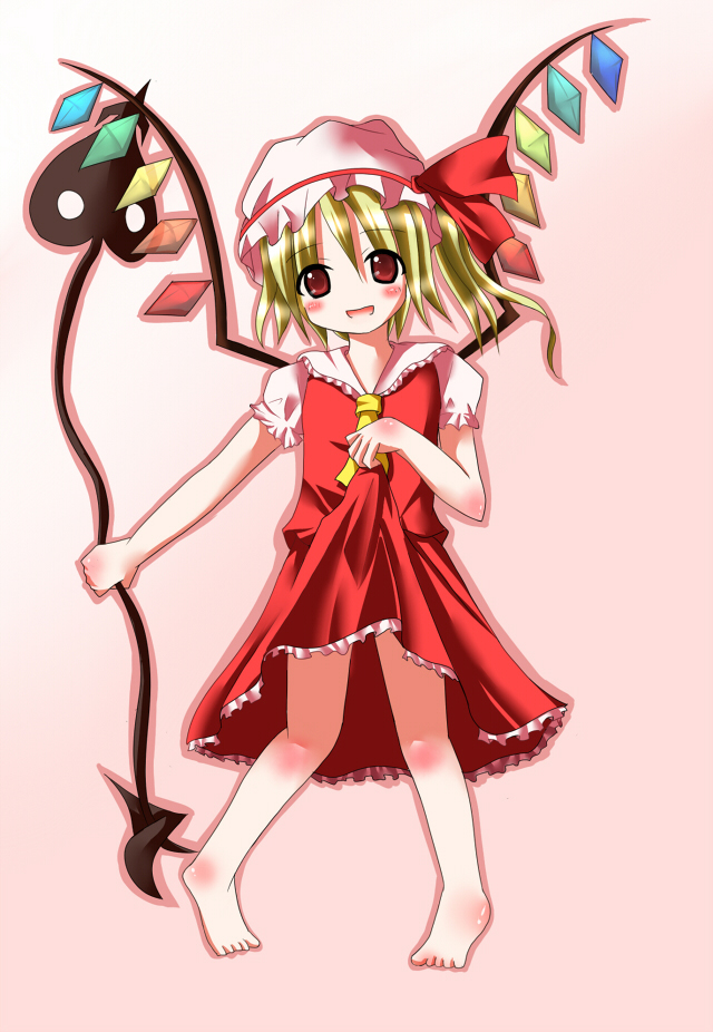 kazura, kazuura, flandre scarlet, touhou, long image, tall image, 1girl, :d, ascot, barefoot, blonde hair, blush, body blush, clothes lift, dress, dress lift, feet, female focus, full body, gradient background, hair between eyes, hat, hat ribbon, head tilt, holding, laevatein, legs, looking at viewer, mob cap, open mouth, pigeon-toed, pink background, ponytail, puffy sleeves, red eyes, ribbon, shiny skin, short hair, short sleeves, simple background, skirt, skirt lift, smile, solo, standing, toes, weapon, wings