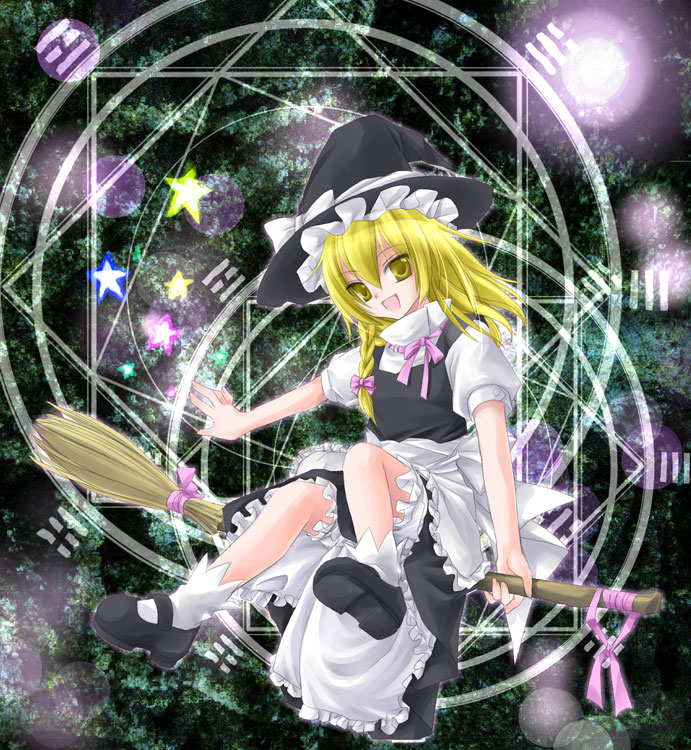 asahina, kirisame marisa, touhou, 1girl, blonde hair, broom, broom riding, female focus, flying, hat, long hair, magic circle, octagram, ribbon, sidesaddle, solo
