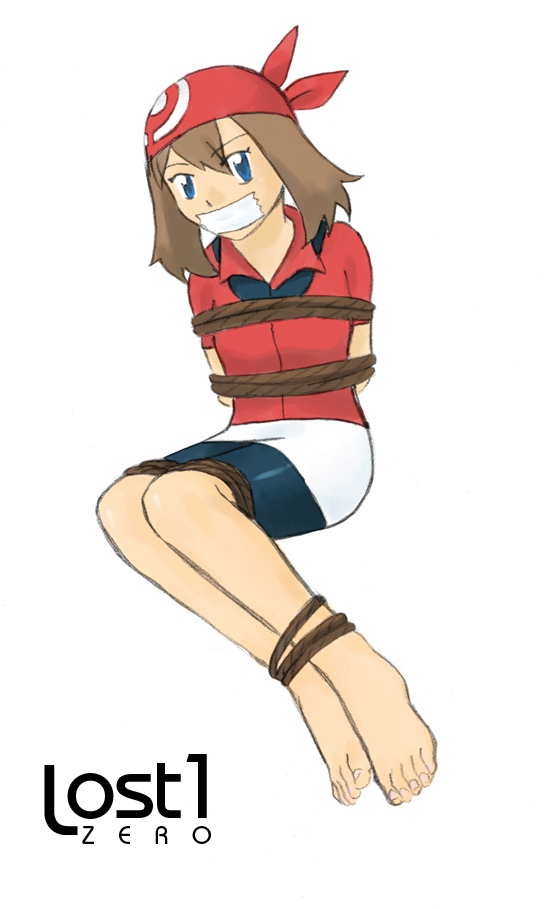 lost one zero, may (pokemon), nintendo, pokemon, non-web source, 1girl, bandana, barefoot, bdsm, blue eyes, bondage, bound, brown hair, feet, female focus, gag, improvised gag, solo, tape, tape gag