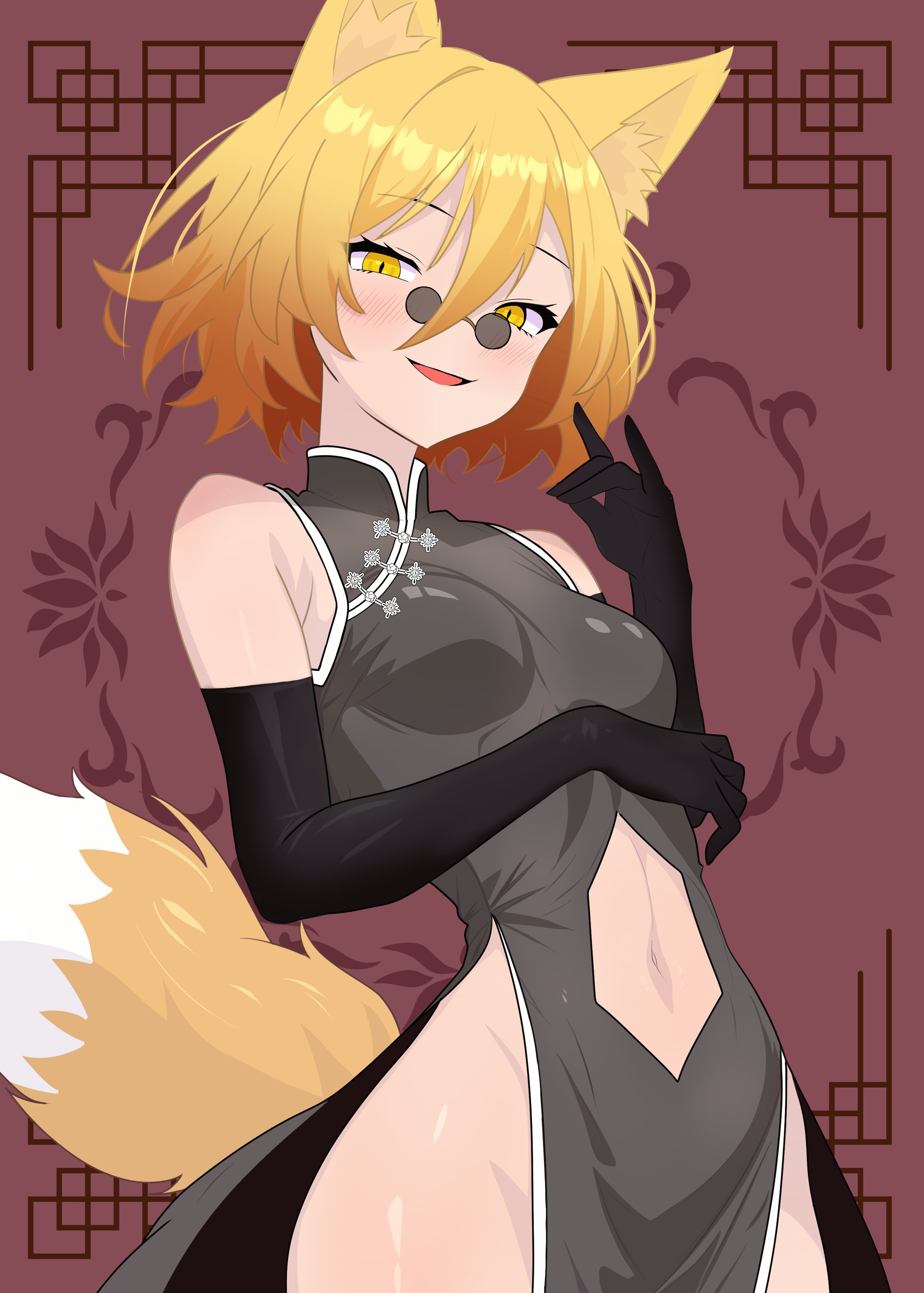 eleos, nara (gsx250r anzio), kudamaki tsukasa, touhou, absurdres, highres, 1girl, animal ears, black dress, blonde hair, china dress, chinese clothes, clothing cutout, dress, fox ears, fox girl, fox shadow puppet, fox tail, glasses, hair between eyes, pelvic curtain, pince-nez, short hair, short sleeves, solo, stomach cutout, tail, thick thighs, thighs, wide hips