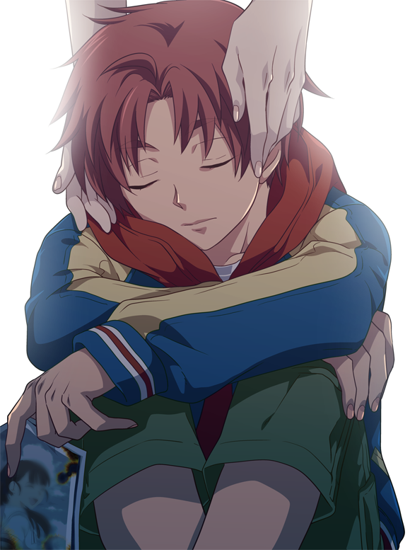 ikuhashi muiko, senomiya misaki, yashio kaito, robotics;notes, science adventure, 1boy, 2girls, aged down, casual, closed eyes, fingernails, green pants, hood, hooded jacket, hugging own legs, jacket, multiple girls, pants, red hair, shirt, sitting, sleeping, white background, white shirt