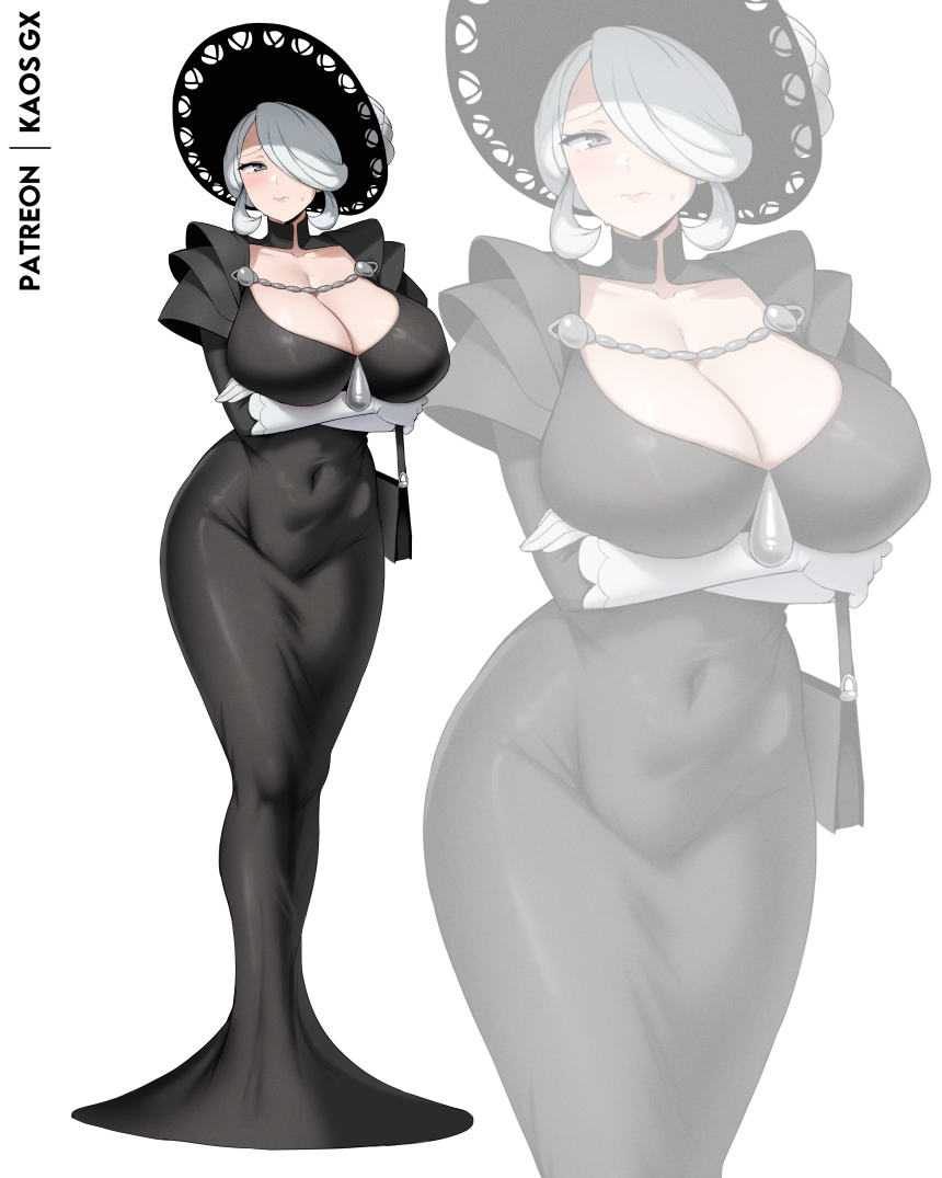 kaos art, cogita (pokemon), nintendo, pokemon, pokemon legends: arceus, 1girl, bag, black dress, black hat, blush, breasts, cleavage, closed mouth, covered navel, dress, gloves, grey eyes, grey hair, hair over one eye, hat, large breasts, looking at viewer, mature female, shoulder bag, sun hat, sweatdrop, white gloves, white hair