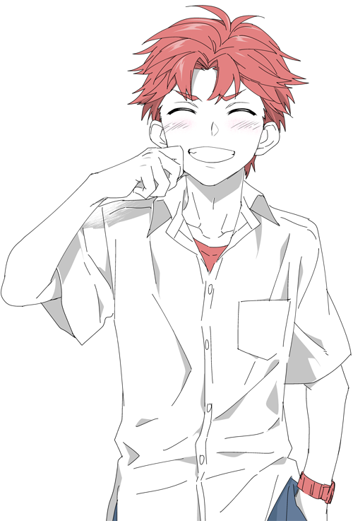 ikuhashi muiko, yashio kaito, robotics;notes, science adventure, 1boy, ^ ^, chuo tanegashima high school uniform, closed eyes, grin, male focus, monochrome, red hair, school uniform, shirt, short hair, simple background, smile, solo, white background, white shirt