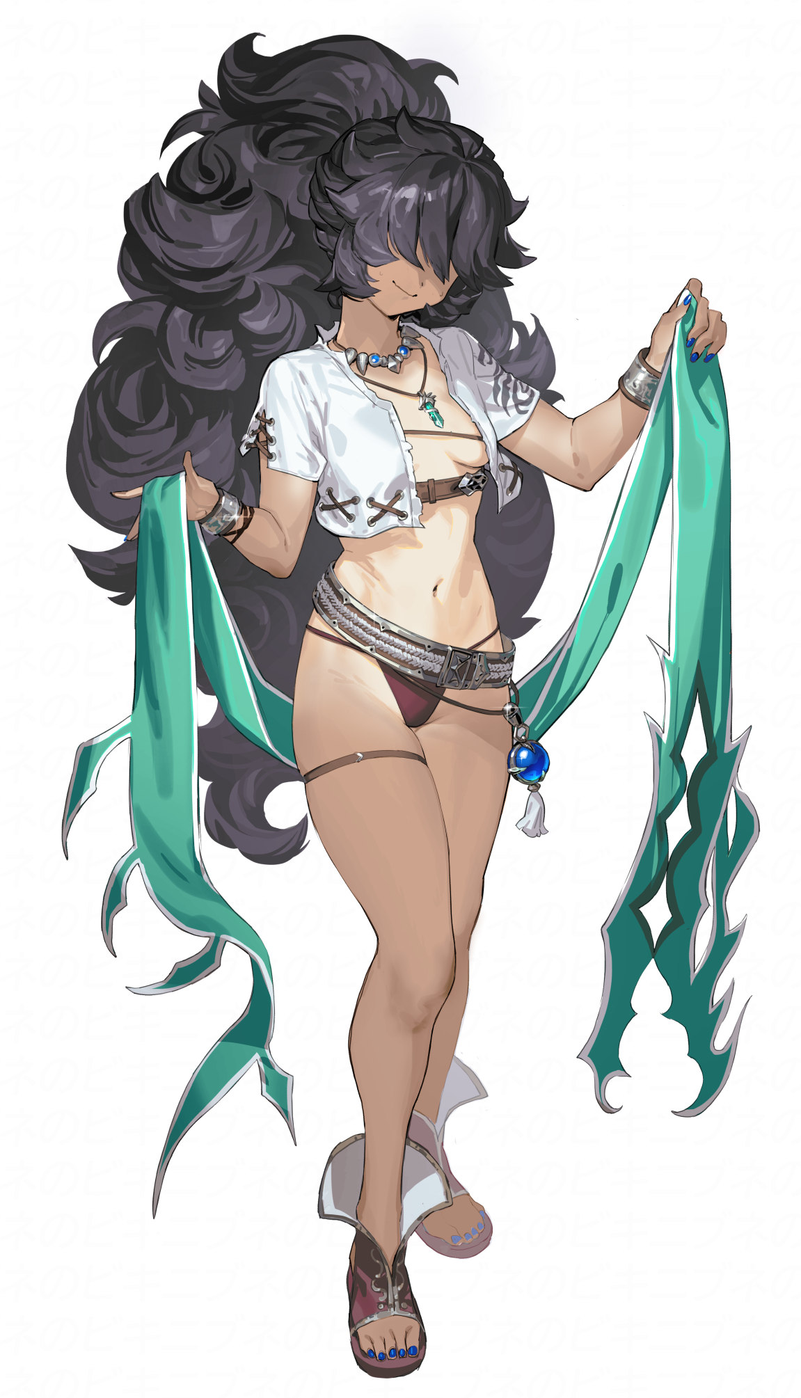 soosaresu, alastor (megido72), megido72, highres, 1girl, bikini, black hair, breasts, crop top, facing viewer, full body, hair over eyes, jewelry, long hair, navel, necklace, small breasts, smile, solo, swimsuit, tan, tanline, thighlet, very long hair