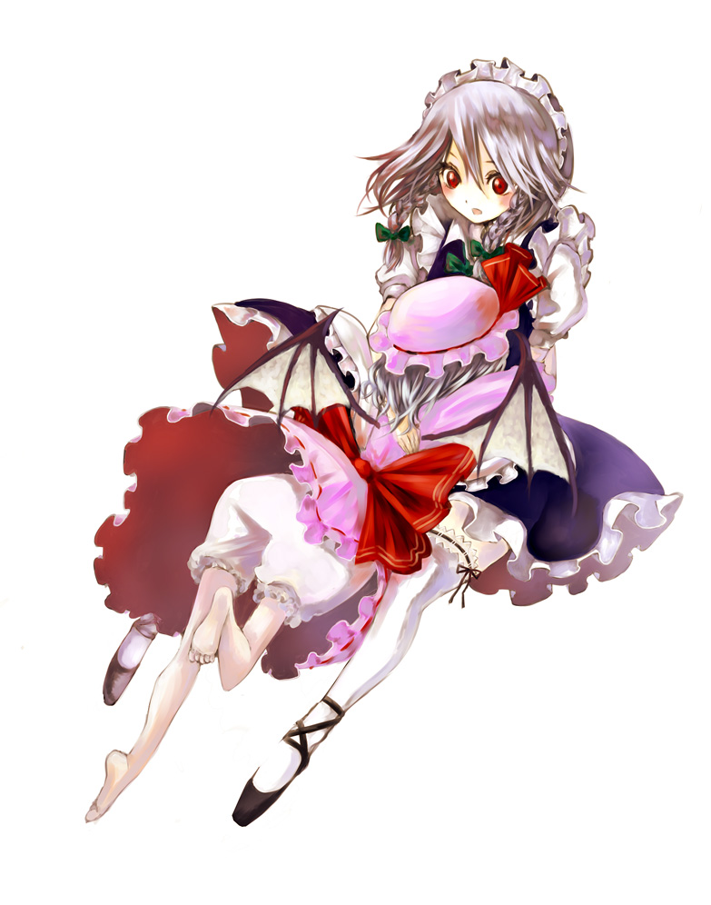 shippori, shishou, izayoi sakuya, remilia scarlet, touhou, silver hair, 2girls, barefoot, bloomers, blush, braid, feet, female focus, maid, multiple girls, red eyes, thighhighs, twin braids, underwear, white background, white bloomers, wings