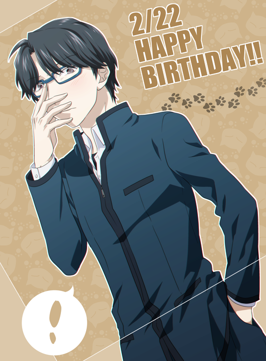 ikuhashi muiko, hidaka subaru, robotics;notes, science adventure, 1boy, adjusting eyewear, black eyes, black hair, black shirt, blue jacket, blush, chuo tanegashima high school uniform, dress shirt, dutch angle, embarrassed, glasses, hand in pocket, happy birthday, jacket, long sleeves, male focus, school uniform, shirt, short hair, solo, white shirt, winter clothes, zipper pull tab