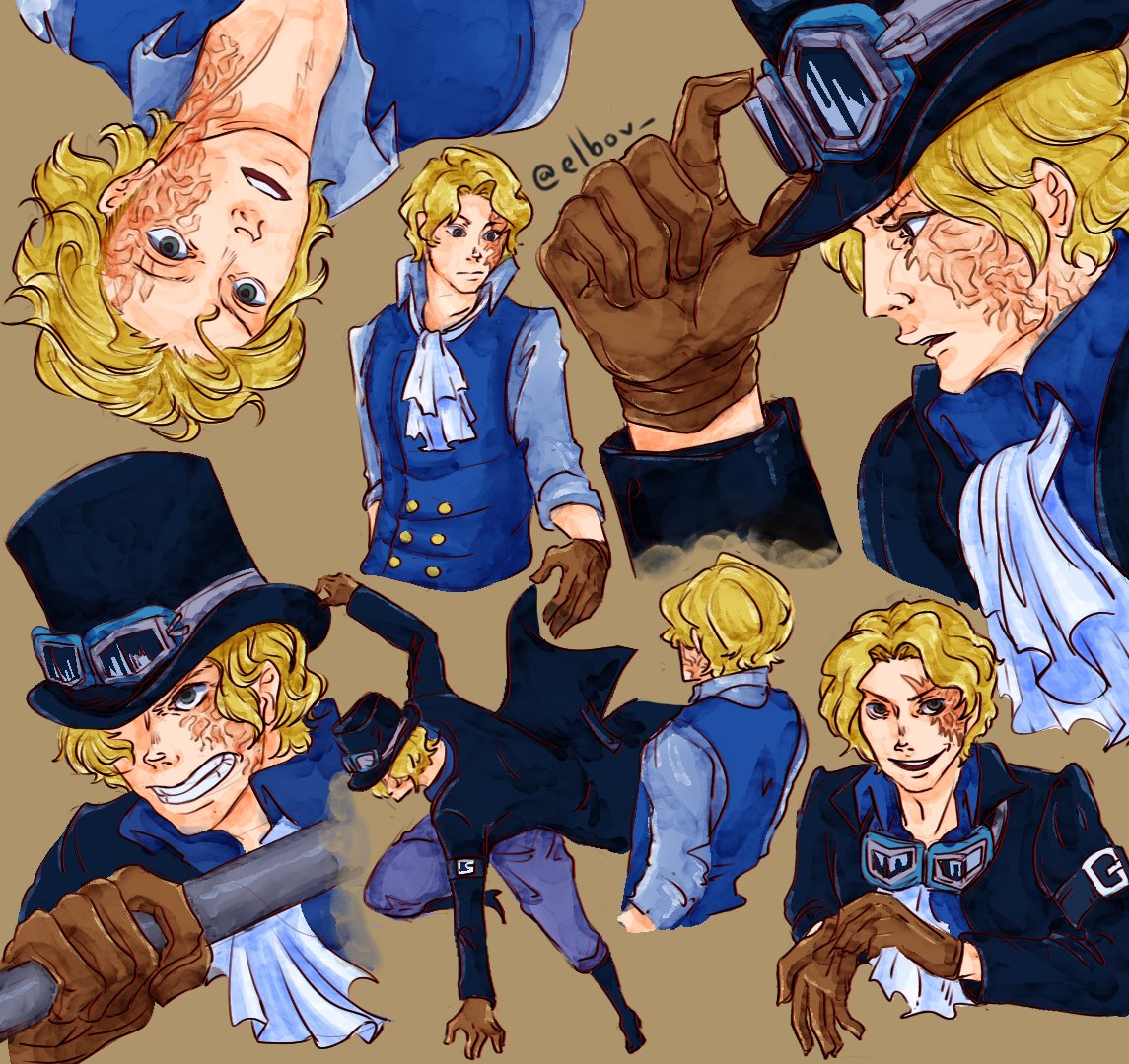 elbov, sabo (one piece), one piece, commentary, 1boy, ascot, blonde hair, blue shirt, blue vest, brown background, brown gloves, clenched teeth, coat, gloves, goggles, goggles around neck, goggles on headwear, hat, holding, holding weapon, multiple views, open mouth, scar, scar on face, shirt, short hair, teeth, twitter username, vest, weapon, white ascot