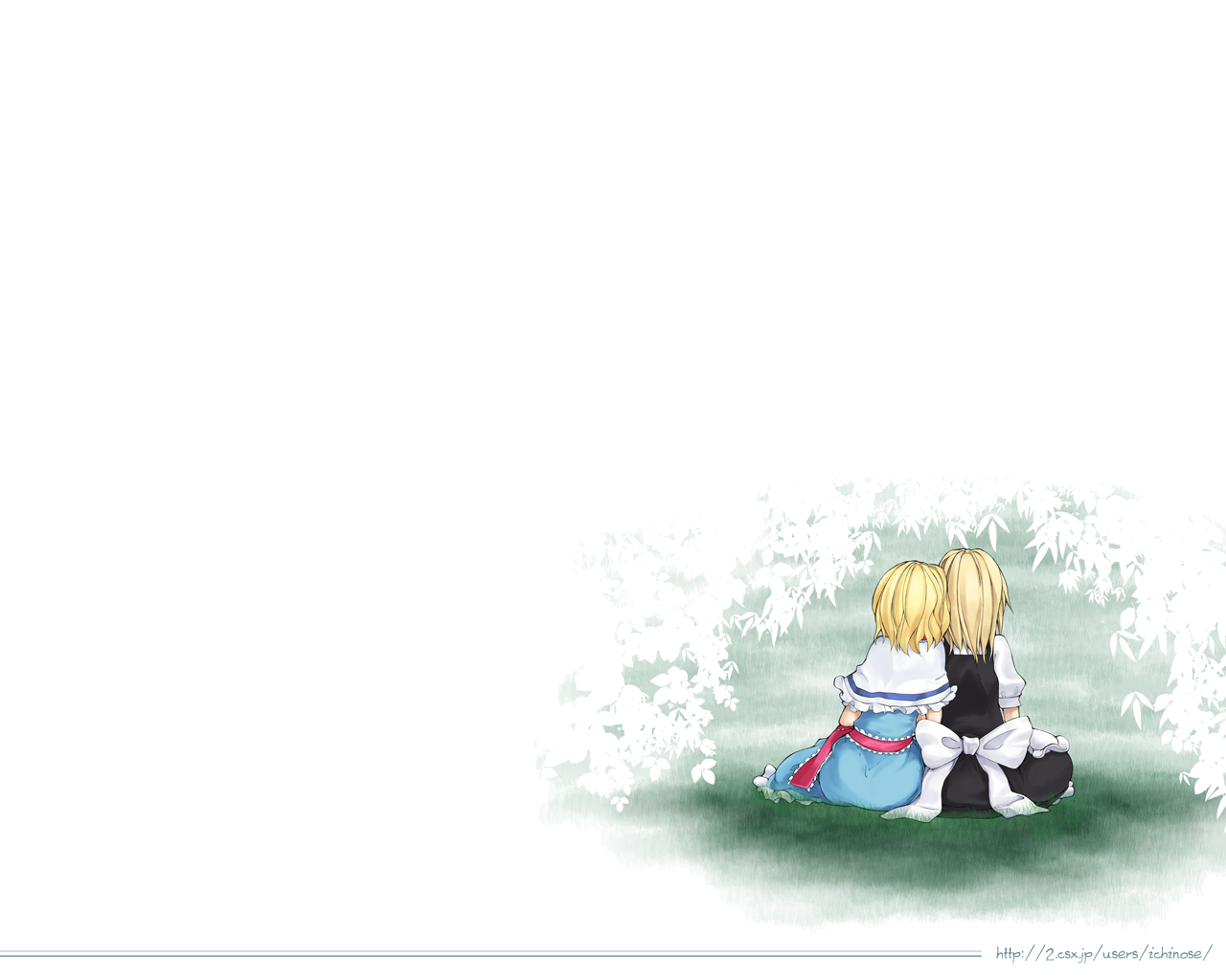 hakui ami, alice margatroid, kirisame marisa, touhou, 2girls, apron, black dress, blonde hair, blue dress, bow, capelet, chin rest, dress, female focus, frilled capelet, frills, from behind, full body, head on head, head rest, leaf, multiple girls, no headwear, puffy short sleeves, puffy sleeves, sash, short hair, short sleeves, sitting, waist apron, white apron, white bow, yokozuwari