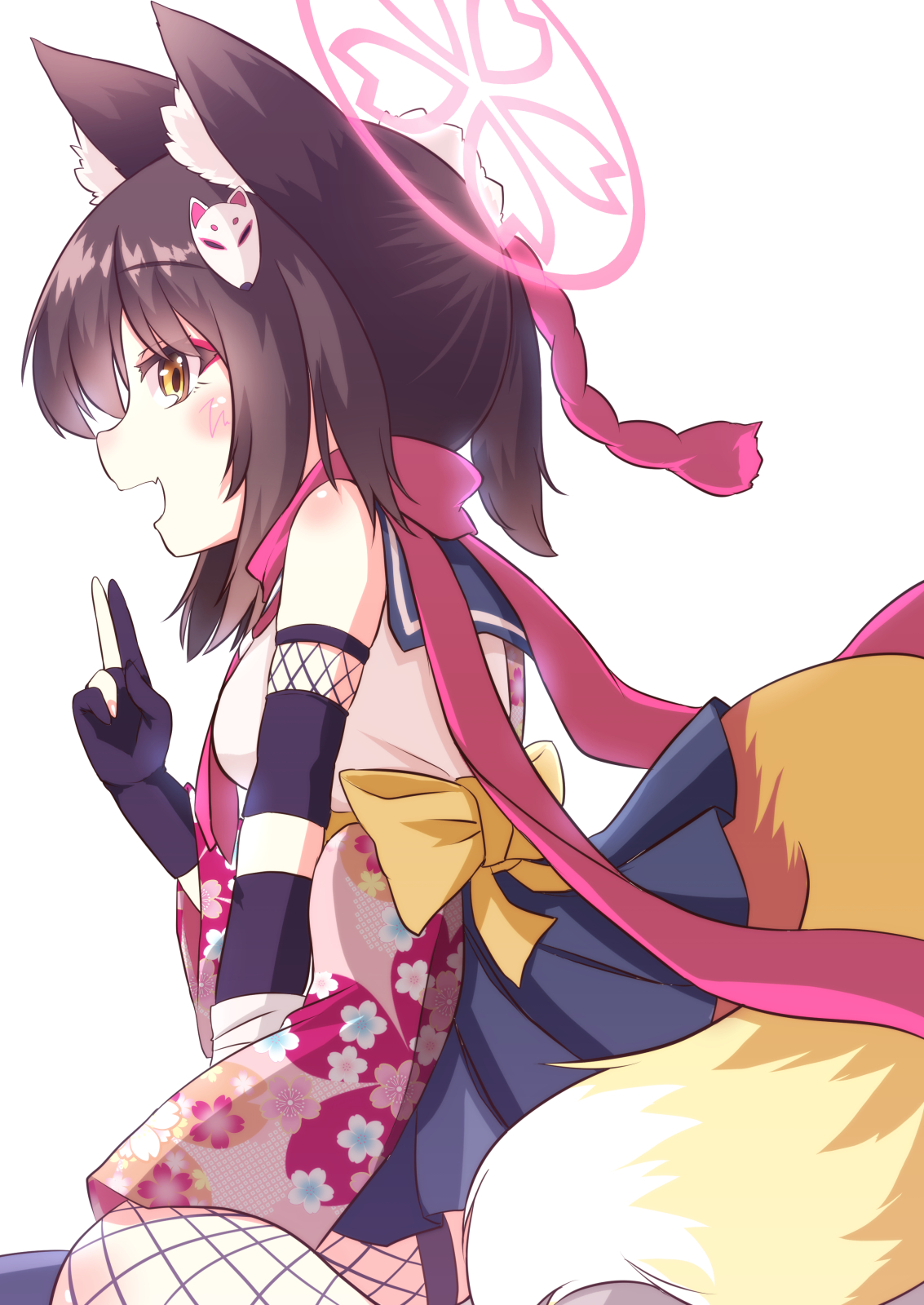 karasuma amiru, izuna (blue archive), blue archive, commentary request, highres, 1girl, animal ears, back bow, bow, breasts, brown hair, fang, fishnet thighhighs, fishnets, fox ears, fox girl, fox hair ornament, fox tail, gloves, halo, kuji-in, looking at viewer, open mouth, partially fingerless gloves, pink halo, pleated skirt, sailor collar, scarf, simple background, skin fang, skirt, smile, solo, tail, thighhighs, white background, yellow bow, yellow eyes