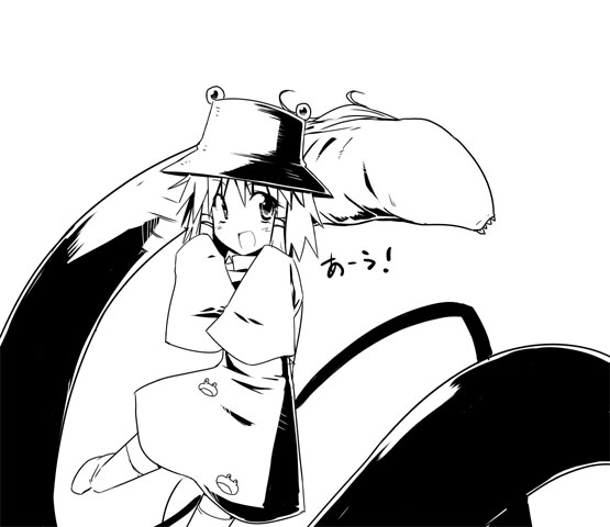 kiku hitomoji, tora tooru, toru tooru, moriya suwako, touhou, 1girl, female focus, greyscale, monochrome, solo, thighhighs