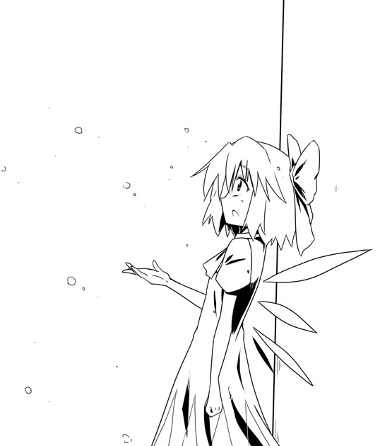 kiku hitomoji, tora tooru, toru tooru, cirno, perfect cherry blossom, touhou, 1girl, bow, female focus, greyscale, monochrome, snow, solo