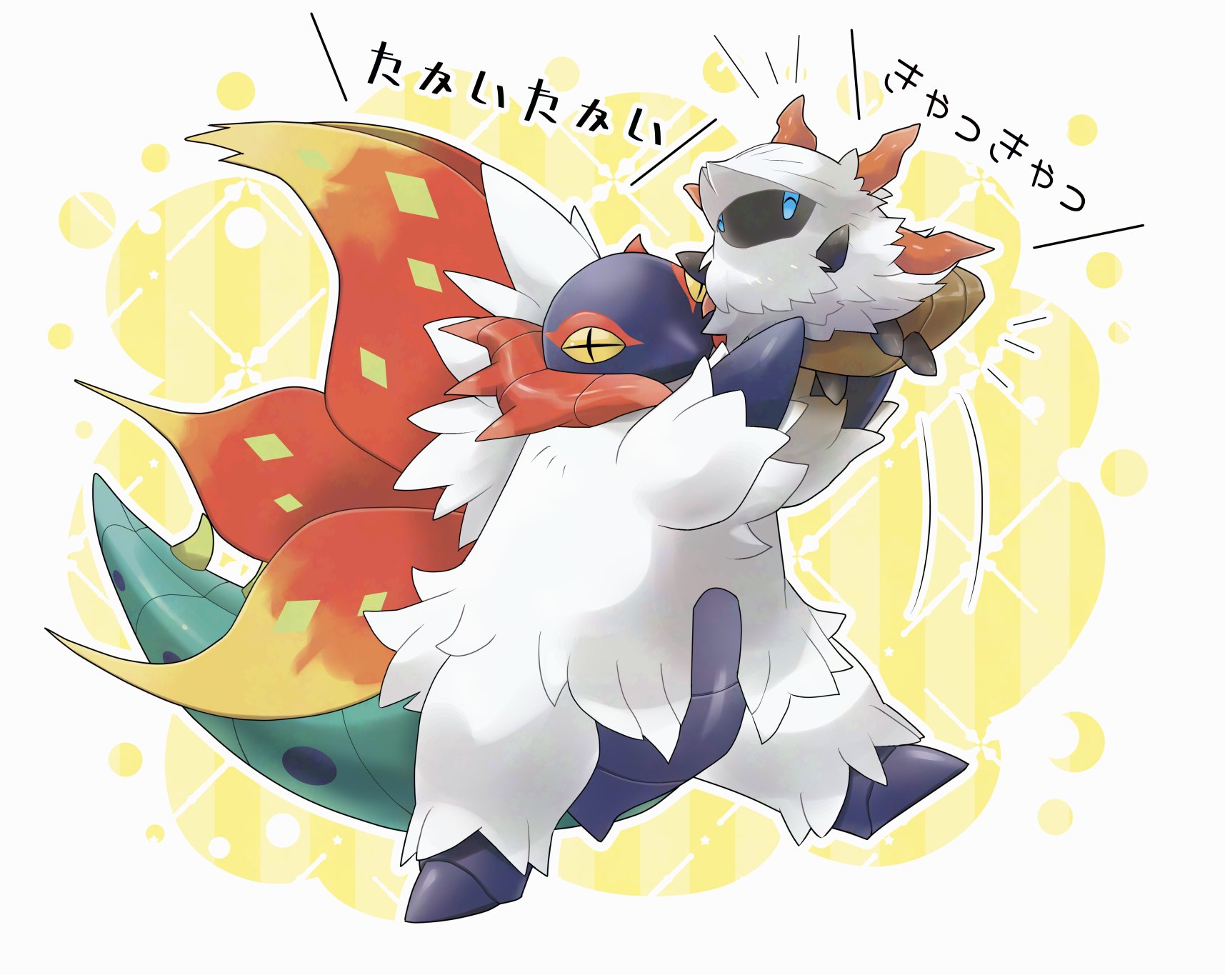 mofu (pk3566), larvesta, slither wing, nintendo, pokemon, highres, + +, animal focus, blue eyes, bug, cross-shaped pupils, full body, gen 5 pokemon, holding, holding pokemon, horns, insect, moth, multiple wings, no humans, pokemon (creature), pokemon focus, symbol-shaped pupils, tail, white fur, wings, yellow eyes