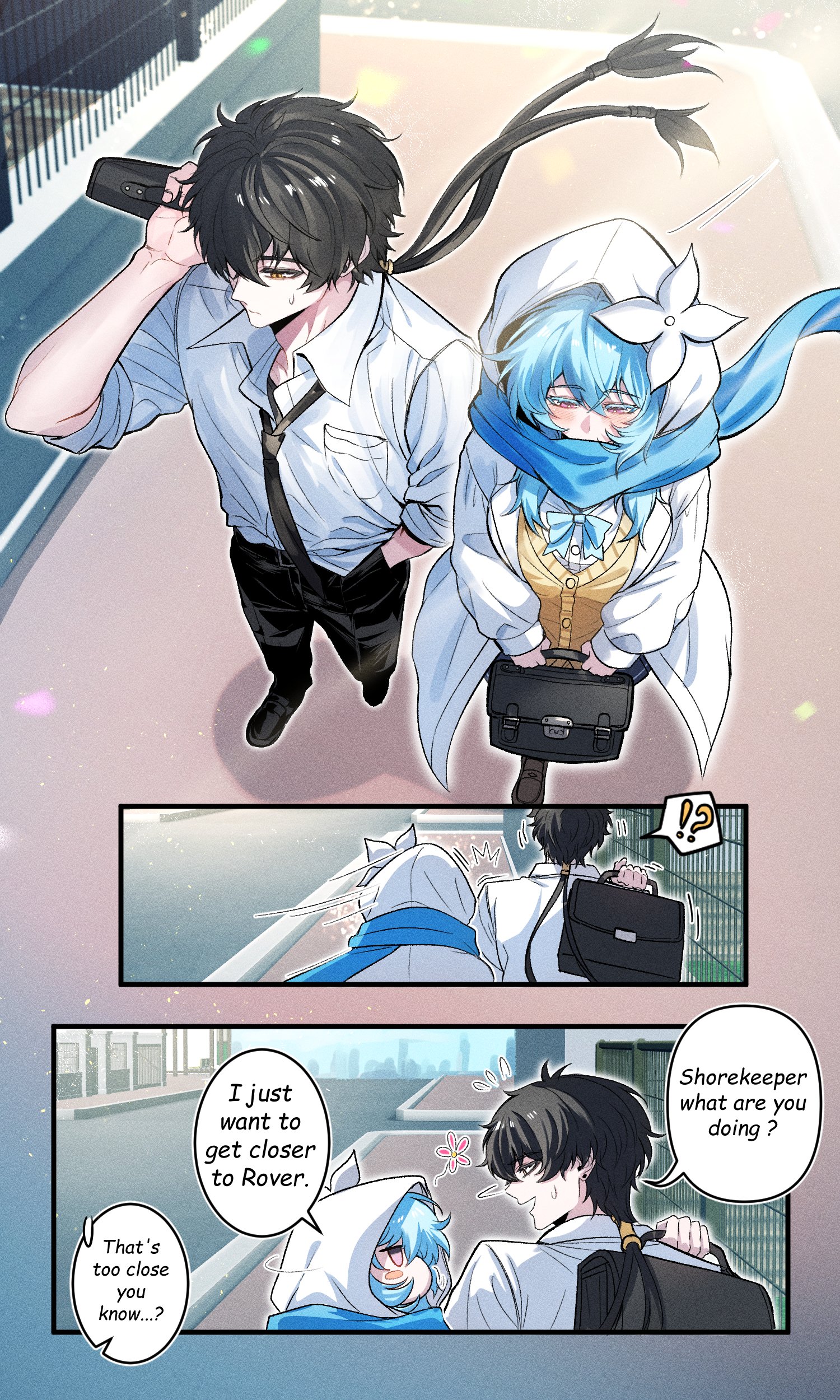 tu thanh, male rover (wuthering waves), rover (wuthering waves), shorekeeper (wuthering waves), wuthering waves, absurdres, commentary, english commentary, highres, !?, 1boy, 1girl, alternate costume, bag, black hair, black necktie, black pants, blue bow, blue bowtie, blue hair, blush, bow, bowtie, brown cardigan, cardigan, collared shirt, colored eyelashes, english text, hair between eyes, hand in pocket, holding, holding bag, hood, hood up, hooded jacket, jacket, necktie, pants, purple eyes, school bag, school uniform, shirt, spoken interrobang, white jacket, white shirt
