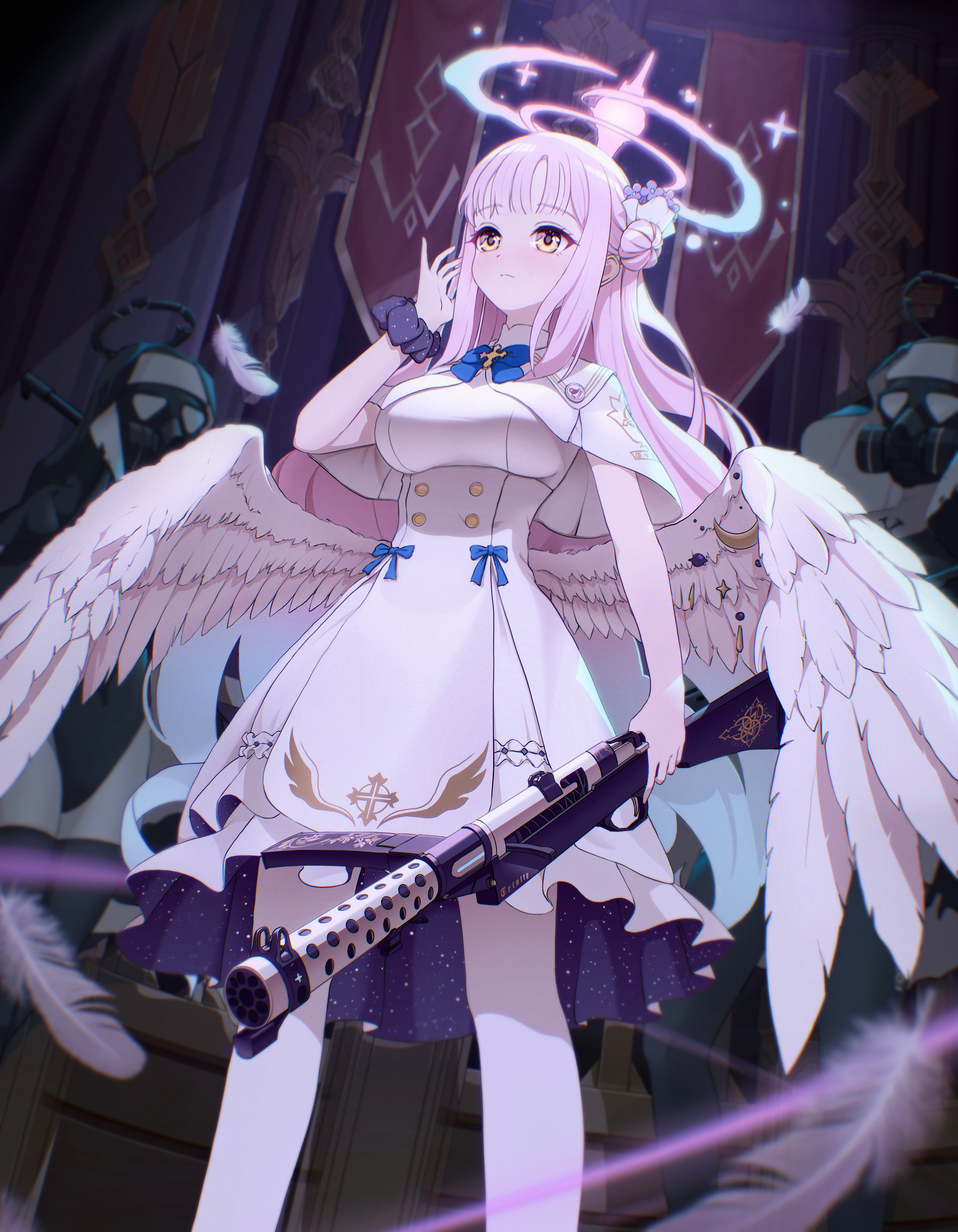 naeaemgung, mika (blue archive), blue archive, absurdres, highres, 1girl, 2others, angel wings, aqua hair, banner, blue bow, bow, breasts, buttons, capelet, closed mouth, double-breasted, dress, falling feathers, feathered wings, feathers, flower, gas mask, gold trim, gun, hair bun, hair flower, hair ornament, halo, high-waist skirt, holding, holding gun, holding weapon, long hair, low wings, machine gun, mask, medium breasts, multiple others, pantyhose, pink hair, pink halo, scrunchie, single hair bun, single side bun, skirt, underbust, very long hair, weapon, white capelet, white dress, white overskirt, white pantyhose, white wings, wing ornament, wings, wrist scrunchie, yellow eyes