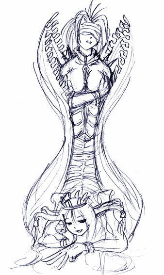 aeon (final fantasy), anima (ffx), anima (final fantasy), final fantasy, final fantasy x, 00s, 2girls, aeon (ffx), bad anatomy, bandages, long hair, multiple girls, poorly drawn, sketch, two heads