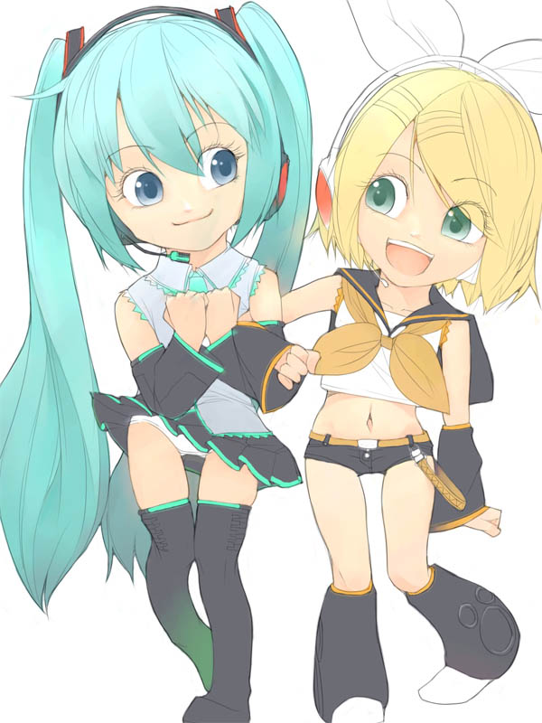 akinbo (hyouka fuyou), hatsune miku, kagamine rin, vocaloid, 2girls, aqua hair, long hair, multiple girls, panties, shorts, skirt, thighhighs, underwear, very long hair