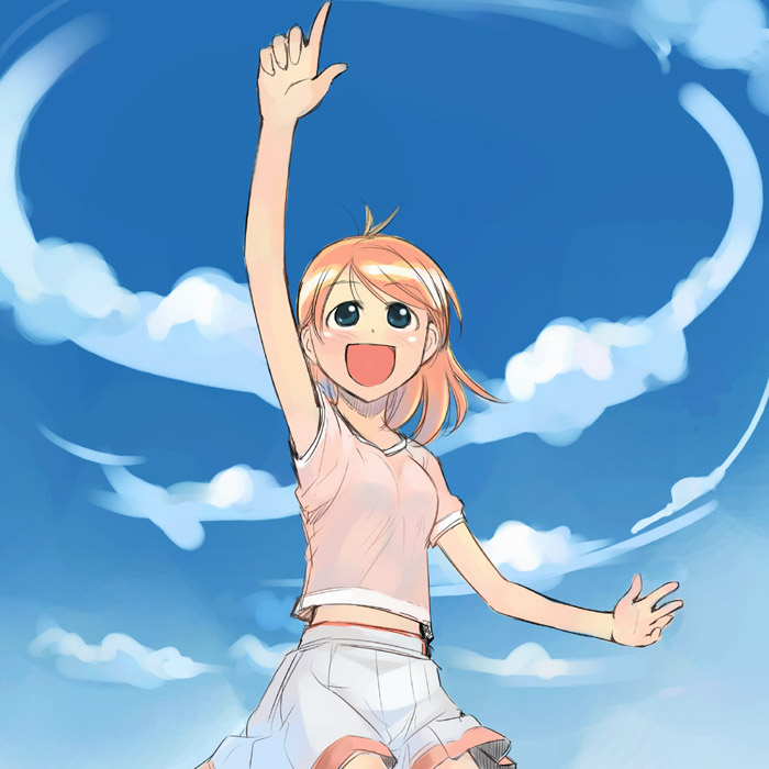 ikeda jun (mizutamari), tagme, 1girl, blue eyes, female focus, red hair, skirt, solo