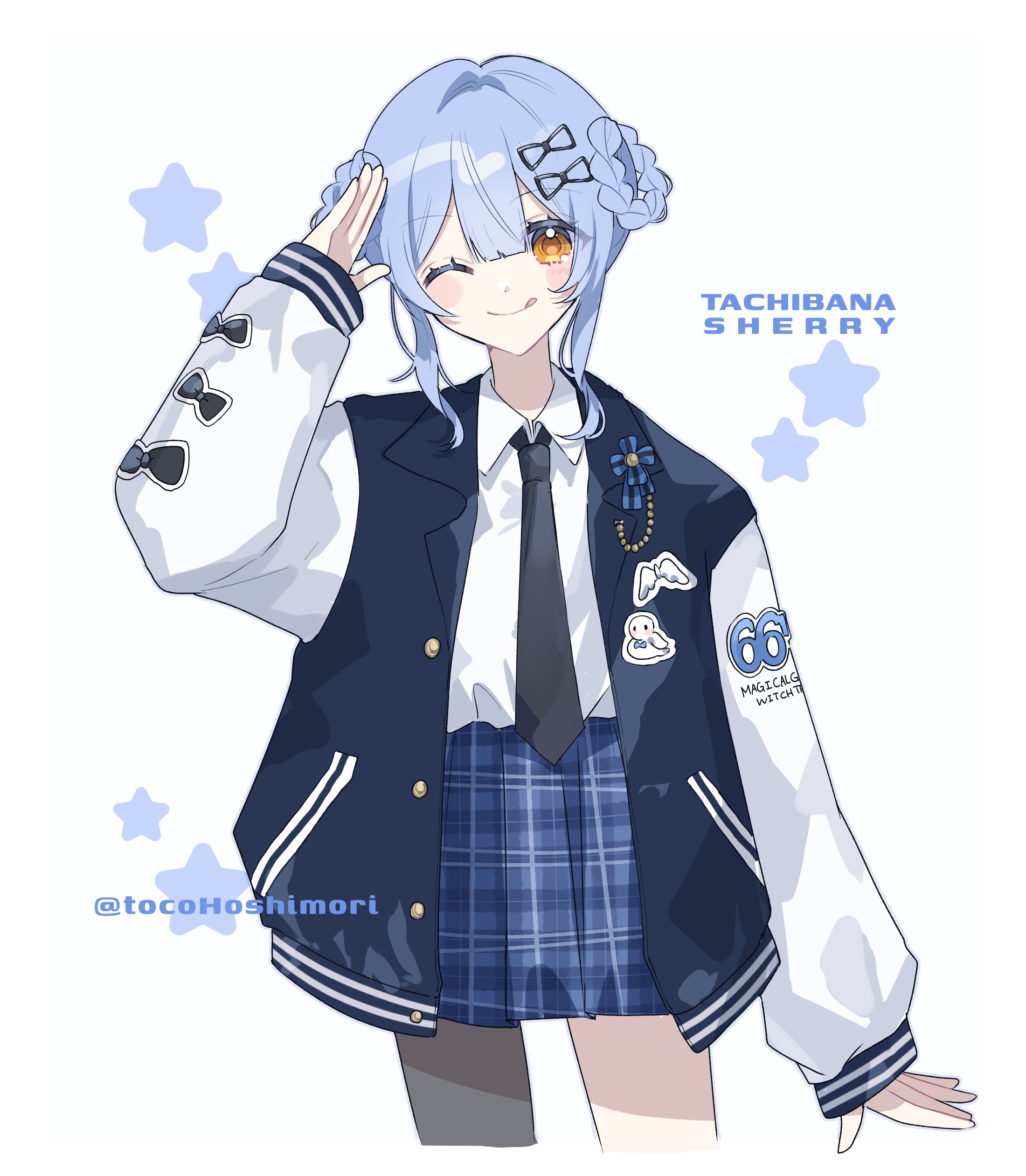 tachibana sherry, mahou shoujo no majo saiban, absurdres, commentary request, highres, 1girl, ;q, alternate costume, alternate hairstyle, black jacket, black necktie, blue hair, blue skirt, braid, braided hair rings, casual, character name, collared shirt, cowboy shot, cropped legs, hair rings, hand up, hoshimori toco, jacket, looking at viewer, necktie, one eye closed, open clothes, open jacket, plaid clothes, plaid skirt, pleated skirt, salute, shirt, short hair, skirt, smile, solo, standing, star (symbol), tongue, tongue out, white background, white shirt