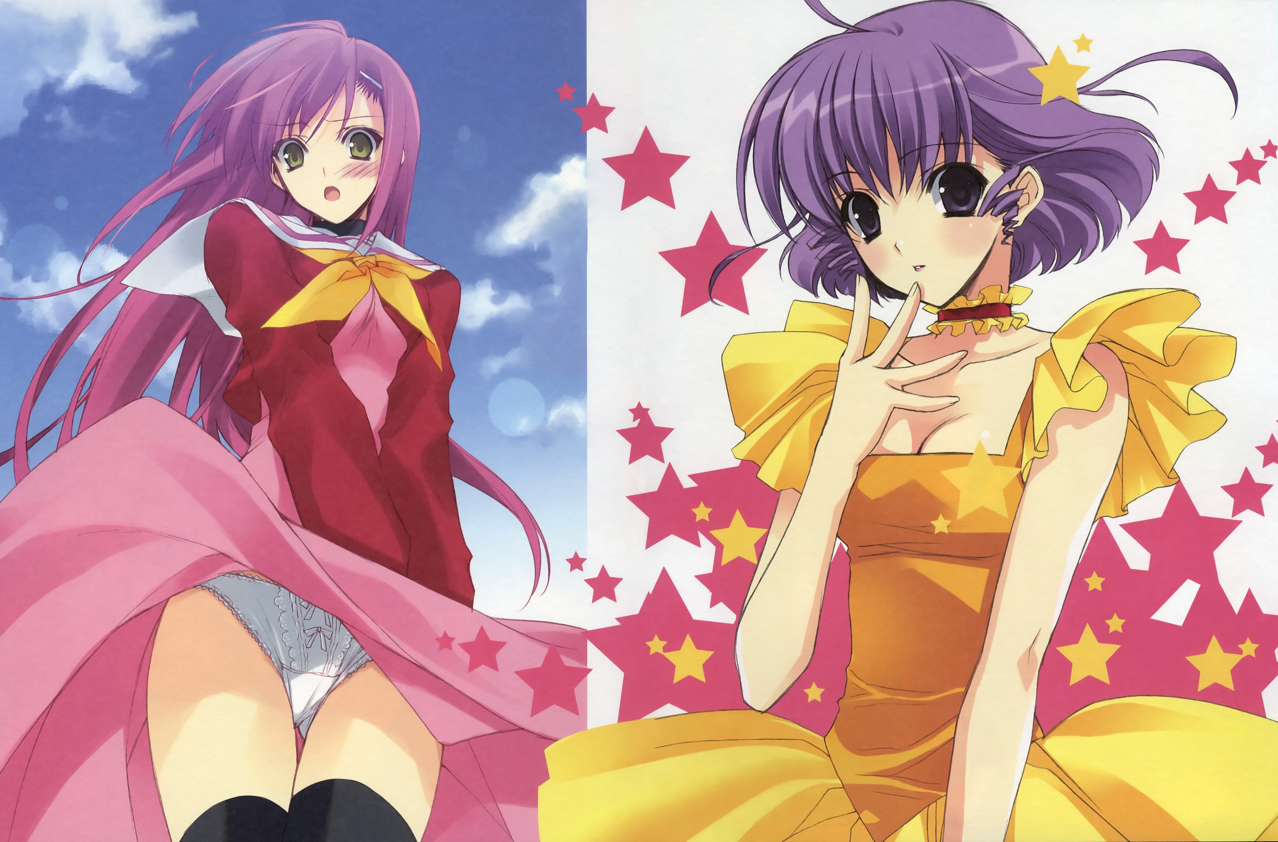 suzuhira hiro, creamy mami, katsura hinagiku, morisawa yuu, hayate no gotoku!, mahou no tenshi creamy mami, 1980s (style), absurdres, highres, non-web source, scan, 00s, 2girls, blush, choker, dress, frills, green eyes, idol, leotard, long hair, magazine (object), magical girl, multiple girls, oldschool, panties, pantyshot, pink hair, purple eyes, purple hair, retro artstyle, school uniform, serafuku, star (symbol), thighhighs, underwear, white panties, wind, wind lift