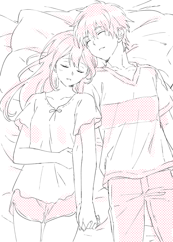 ikuhashi muiko, senomiya akiho, yashio kaito, robotics;notes, science adventure, 1boy, 1girl, bed, blush, closed eyes, couple, hair down, hetero, holding hands, long hair, loungewear, lying, messy hair, monochrome, on back, open mouth, pillow, short hair, shorts, sleeping