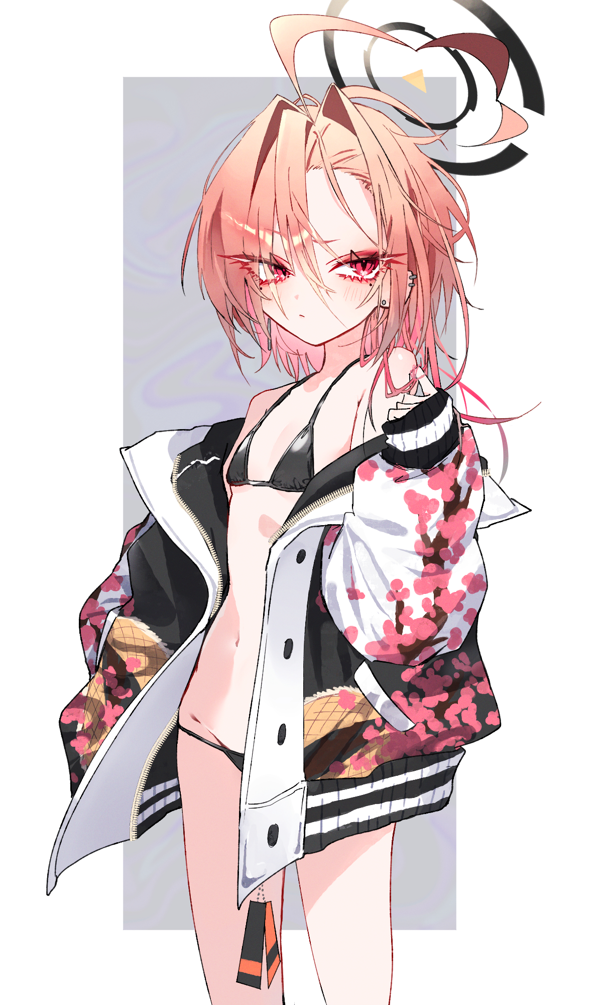 mo2upoyo, neru (blue archive), blue archive, highres, 1girl, bikini, black bikini, breasts, closed mouth, cowboy shot, halo, jacket, long hair, looking at viewer, navel, open clothes, open jacket, small breasts, solo, standing, stomach, swimsuit