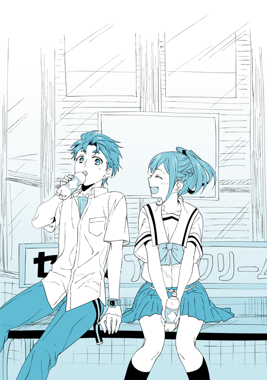 ikuhashi muiko, senomiya akiho, yashio kaito, robotics;notes, science adventure, translation request, 1boy, 1girl, black socks, blue theme, blush, bottle, bow, braid, breast pocket, chest bow, chuo tanegashima high school uniform, closed eyes, dress shirt, half up braid, holding, holding bottle, kneehighs, long hair, miniskirt, monochrome, open mouth, outdoors, pants, pleated skirt, pocket, ponytail, ribbon, school uniform, serafuku, shirt, short hair, short sleeves, sitting, skirt, smile, socks, surprised, undershirt