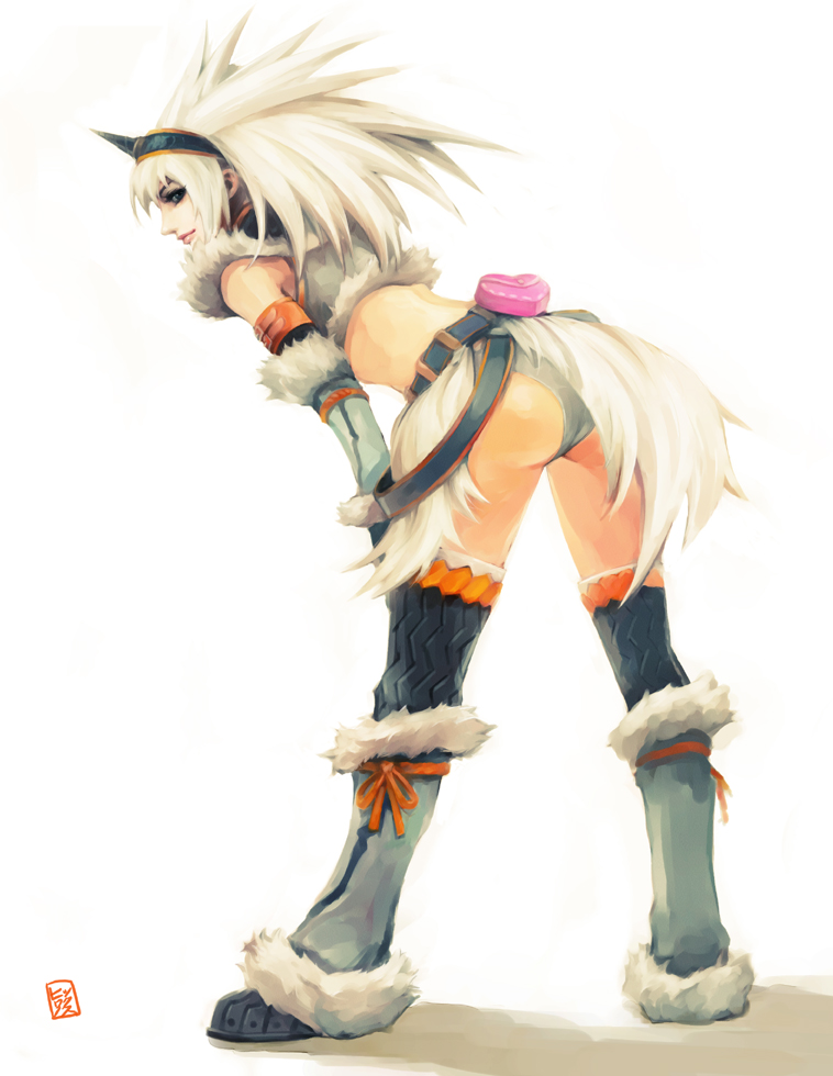 hironox, capcom, monster hunter (series), 1girl, ass, female focus, hairband, heart, horns, kirin (armor), single horn, solo, thighhighs, white hair