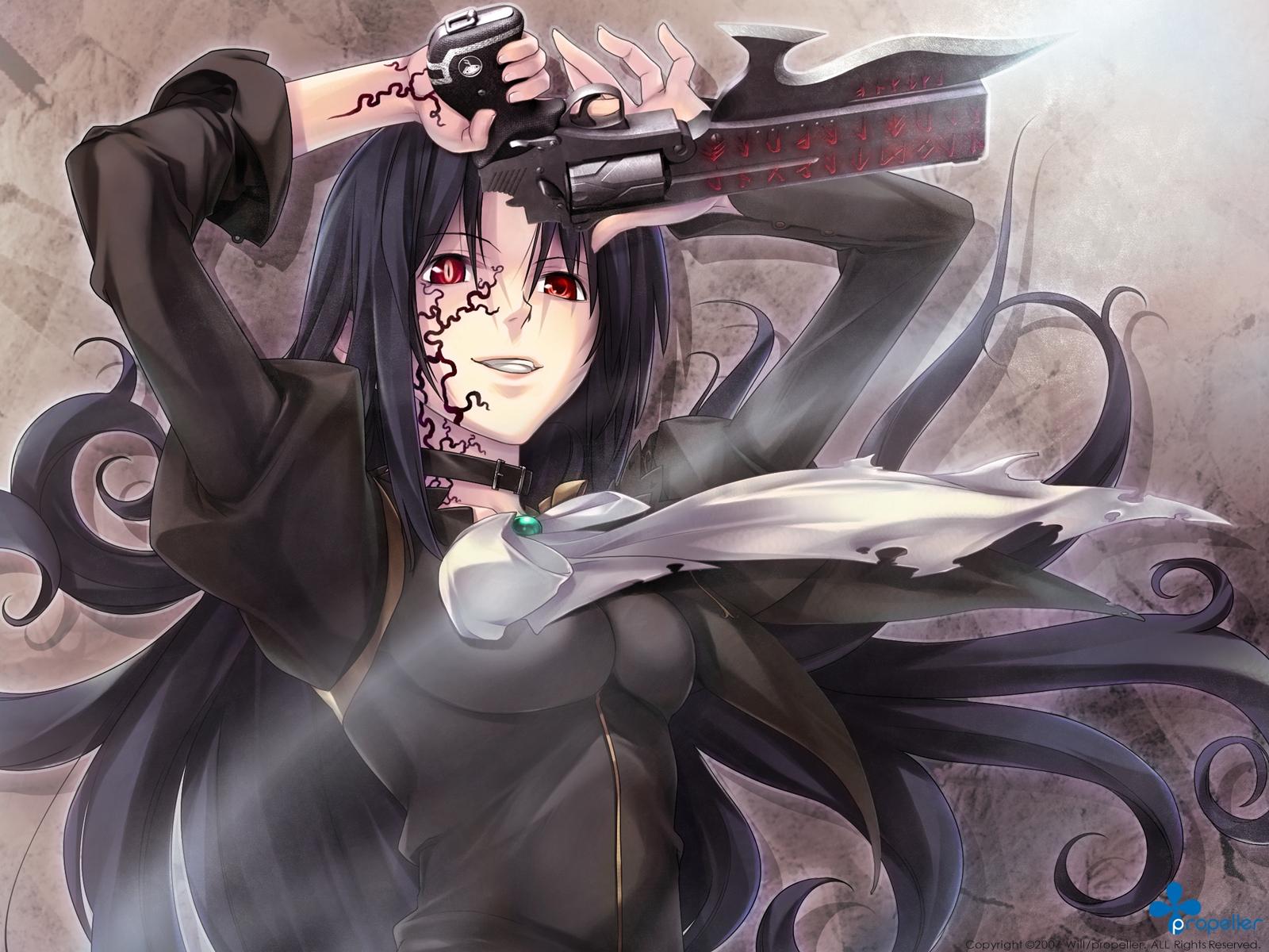 selma fortenmayer, bullet butlers, blade, artist request, highres, 1girl, arms up, black hair, breasts, choker, collar, facial mark, female focus, grin, gun, gunblade, handgun, long hair, ornate, red eyes, revolver, runes, slit pupils, smile, solo, tattoo, trigger discipline, weapon