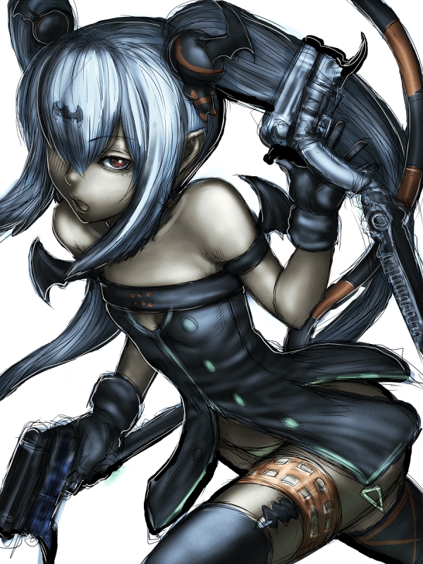 fumio (rsqkr), alice (queen's gate), queen's blade, queen's gate, silver hair, 1girl, dual wielding, female focus, flat chest, gloves, gun, hands on own hips, holding, long hair, red eyes, solo, thighhighs, twintails, weapon, wings