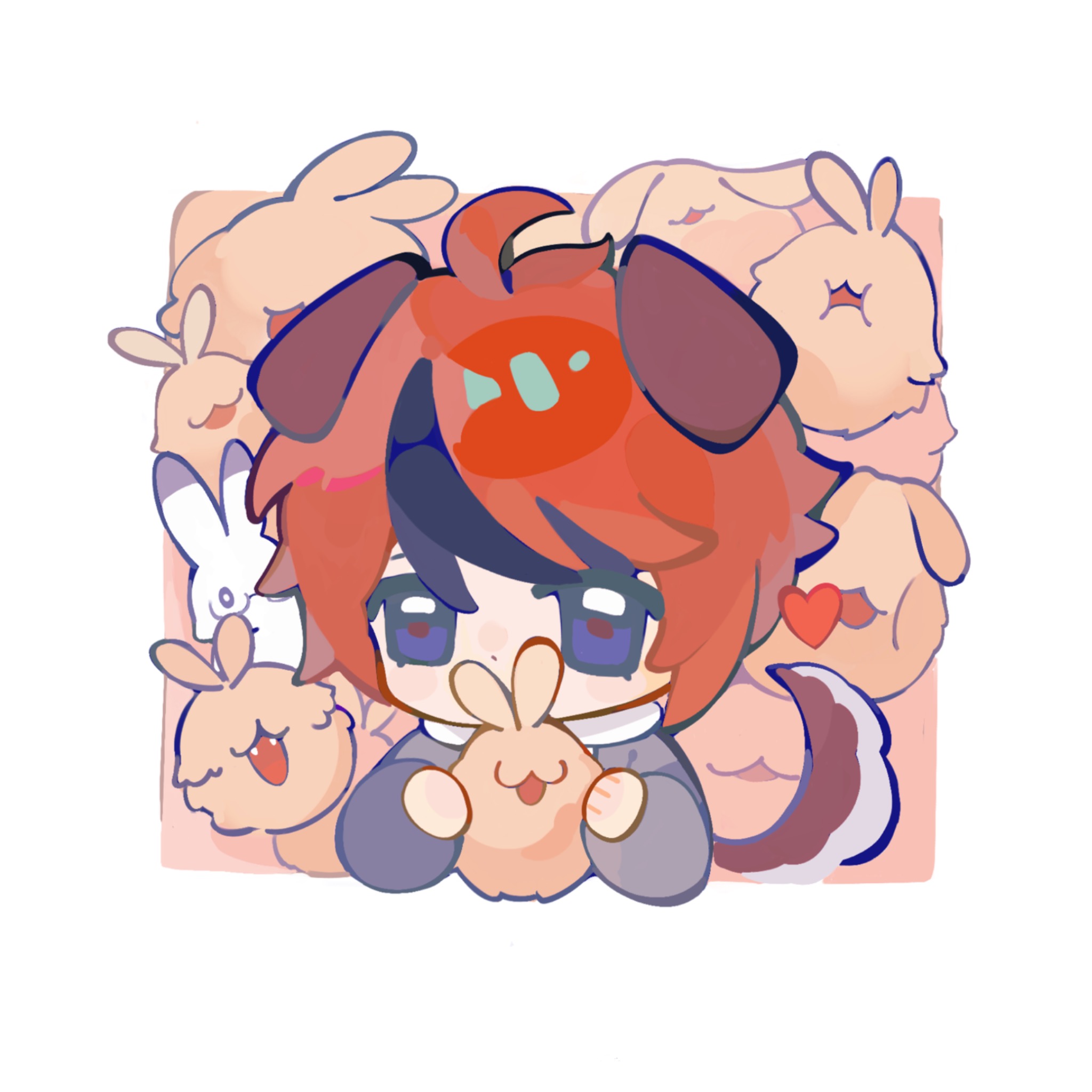aotsuki eito, sumino takumi, hollow knight, hollow knight: silksong, the hundred line -last defense academy-, chinese commentary, commentary request, highres, 1boy, :3, ahoge, animal ears, animalization, black streaks, blue eyes, border, bug, chibi, dog boy, dog ears, dog tail, eyewear on animal, grey jacket, heart, holding bug, hood, hoodie, jacket, kemonomimi mode, male focus, multicolored hair, rabbit, red hair, short hair, streaked hair, tail, tingtinghaideshengyin, white border, white hoodie