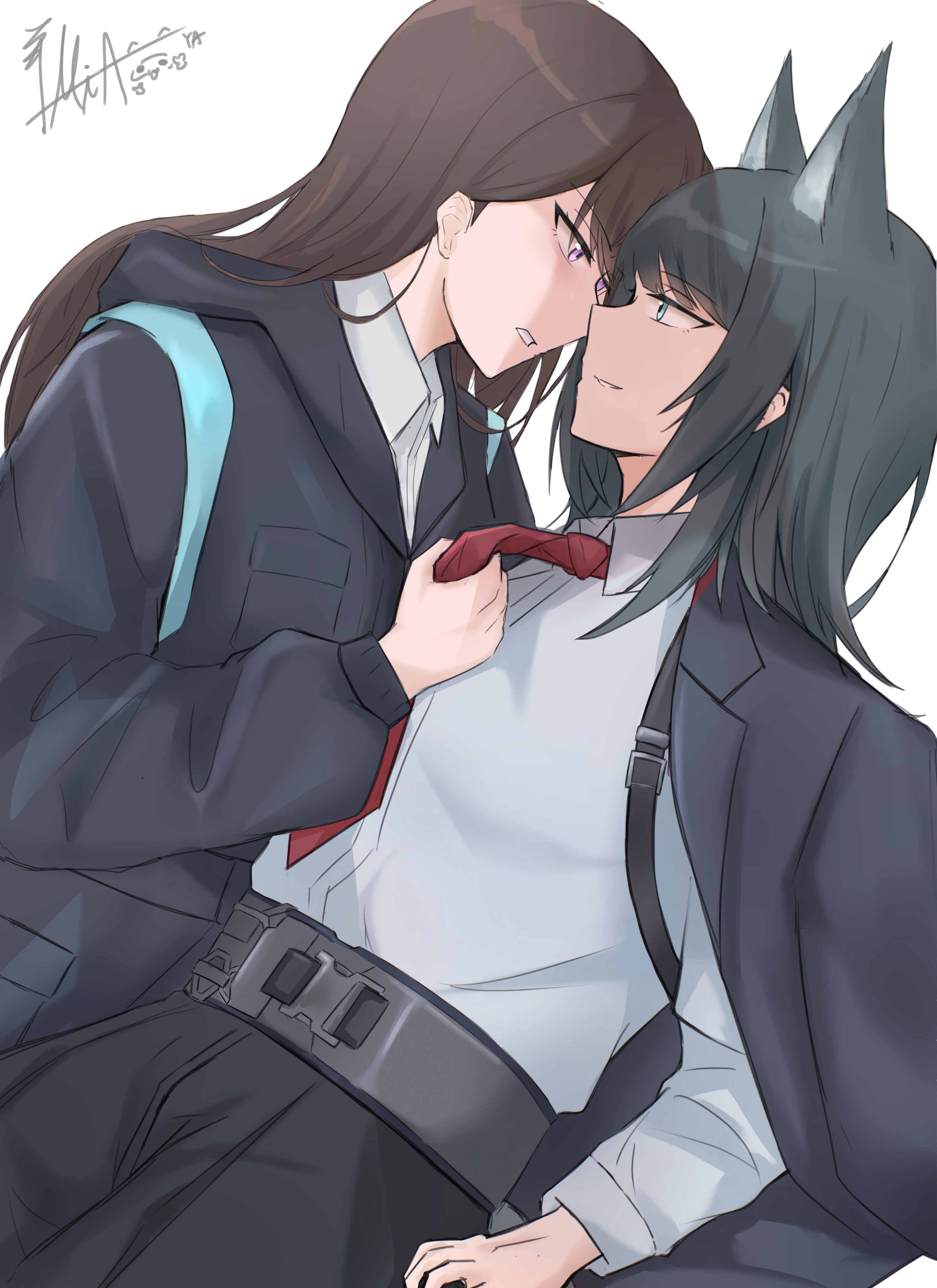 doctor (arknights), shiina taki, yahata umiri, yahata umiri (moonlight executioner), arknights, bang dream!, bang dream! it's mygo!!!!!, absurdres, commentary, hashtag-only commentary, highres, 2girls, animal ears, black hair, black jacket, black pants, brown hair, clothes grab, collared shirt, cosplay, doctor (arknights) (cosplay), eye contact, jacket, jacket on shoulders, long hair, looking at another, multiple girls, necktie, necktie grab, neckwear grab, pants, parted lips, purple eyes, red necktie, shirt, simple background, washiemma1, white background, white shirt, wolf ears, yuri