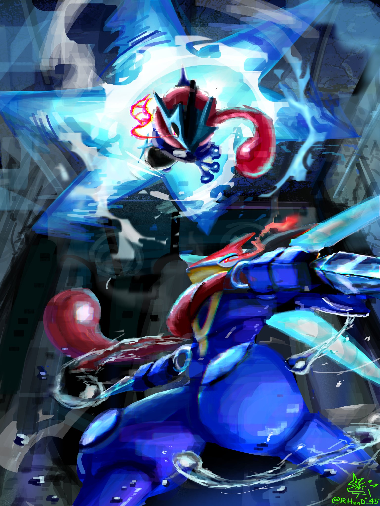 rhond 45, ash-greninja, greninja, mega greninja, nintendo, pokemon, pokemon legends: z-a, highres, battle, frog, gen 6 pokemon, glowing, glowing eyes, kunai, long tongue, pokemon (creature), red eyes, shuriken, tongue, weapon