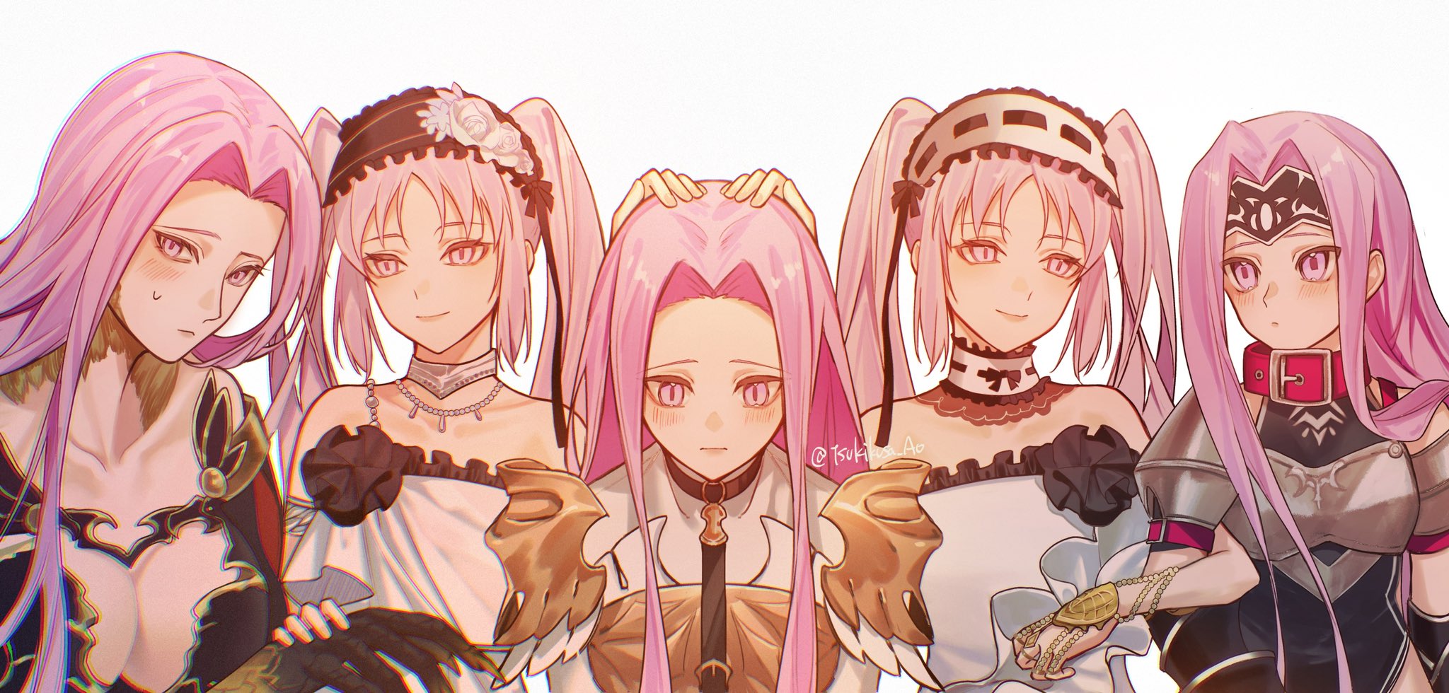 euryale (fate), gorgon (fate), medusa (fate), medusa (lancer) (fate), medusa (saber) (fate), medusa (saber) (third ascension) (fate), rider, stheno (fate), fate/grand order, fate/hollow ataraxia, fate/stay night, fate (series), highres, bare shoulders, black leotard, blush, braid, breasts, bustier, capelet, claws, cleavage, collar, dress, facial mark, forehead, forehead mark, frilled hairband, frills, hairband, headdress, large breasts, leotard, lolita hairband, long braid, long hair, long sleeves, looking at viewer, monster girl, multiple girls, mystic eyes, parted bangs, petite, purple eyes, purple hair, red collar, ribbon-trimmed hairband, scales, siblings, sidelocks, simple background, sisters, small breasts, smile, snake hair, square pupils, tsukikusa ao, twins, twintails, very long hair, weapon, white capelet, white dress, yellow scales