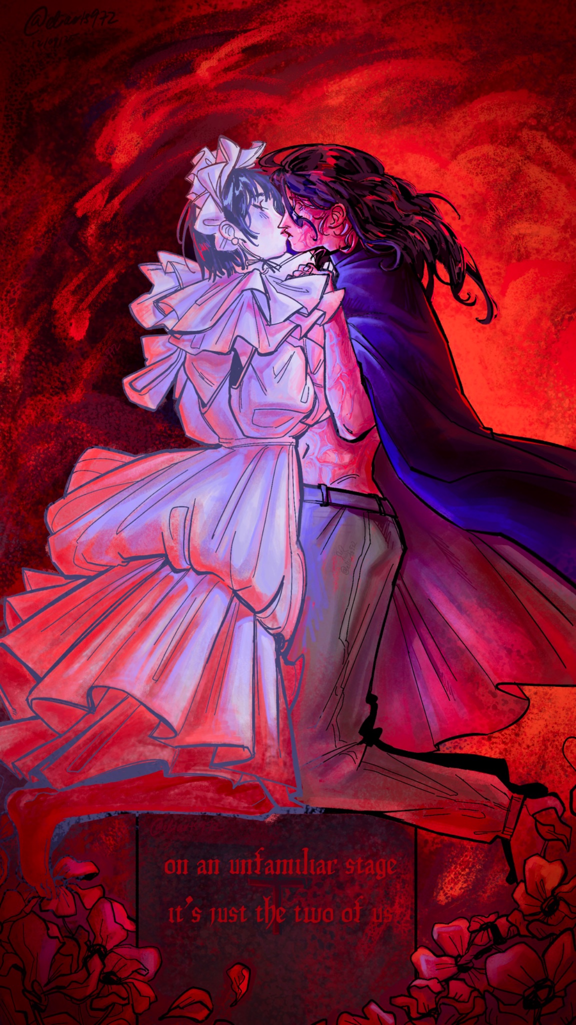 mizi (alien stage), sua (alien stage), alien stage, commentary, english commentary, highres, 2girls, black cape, black hair, burn scar, cape, dress, eliarts972, english text, frilled hairband, frills, hairband, kiss, long dress, long hair, lyrics, multiple girls, pants, red background, scar, short hair, white hairband, yuri