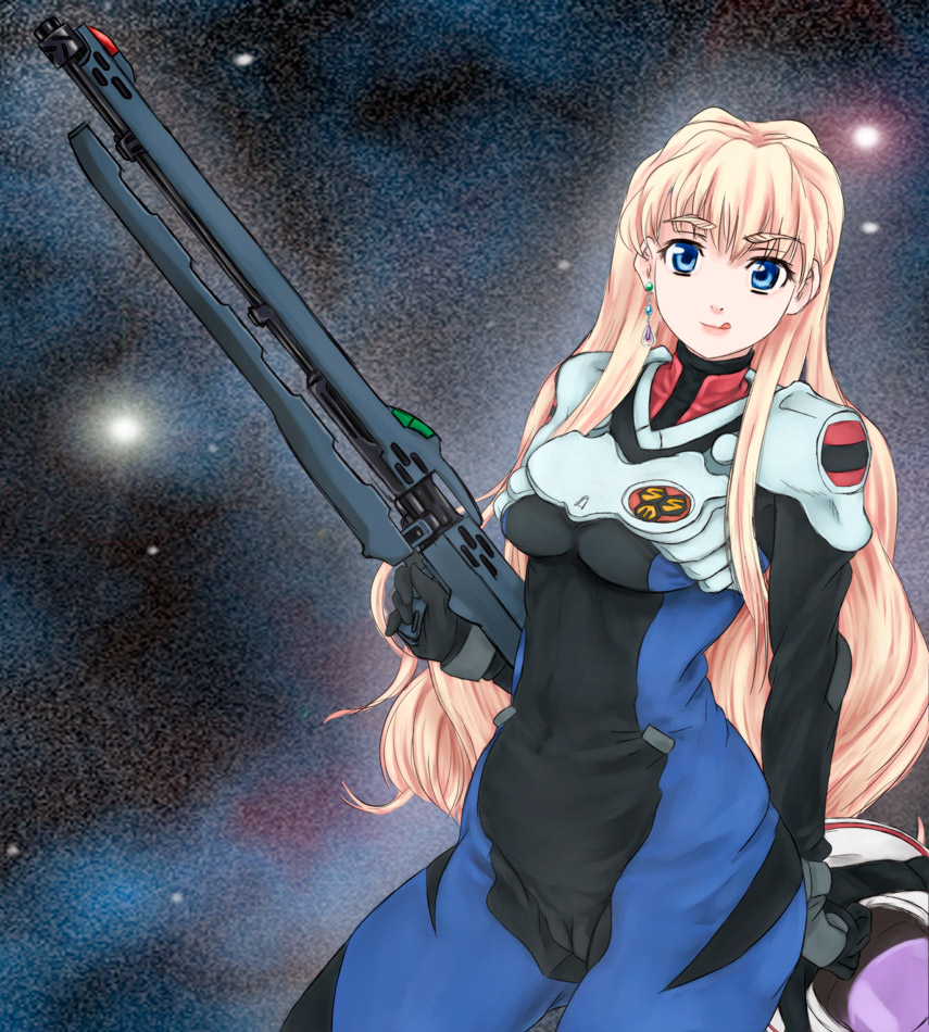 scharfschutze, sheryl nome, macross, macross frontier, 00s, 1girl, alternate costume, blonde hair, blue eyes, bodysuit, cameltoe, cosplay, female focus, gun, long hair, rifle, solo, tongue, weapon