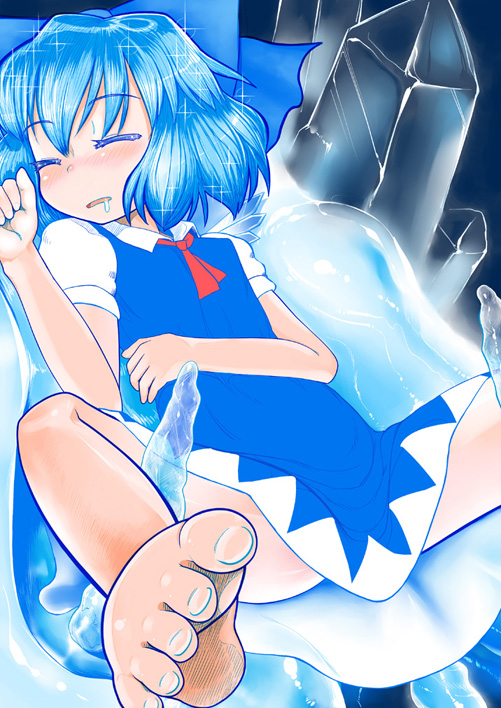 yassy, cirno, embodiment of scarlet devil, touhou, 1girl, barefoot, blue hair, crystal, dress, feet, female focus, ice, ribbon, saliva, short hair, sleeping, solo, spread legs, wings