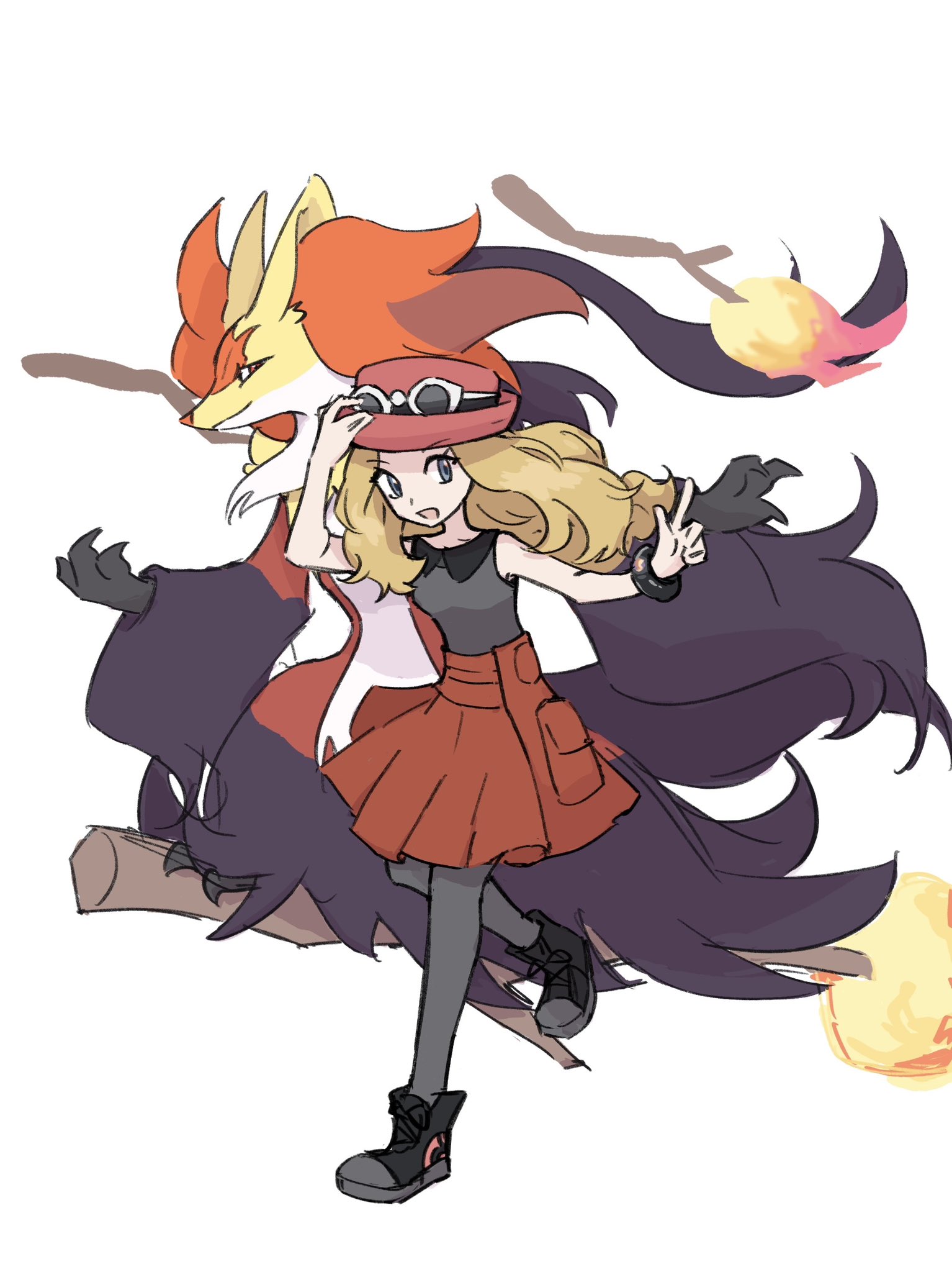 xlii idk, delphox, mega delphox, serena (pokemon), nintendo, pokemon, pokemon xy, highres, 1girl, black thighhighs, blonde hair, eyelashes, eyewear on head, gen 6 pokemon, grey hair, hat, long hair, mega pokemon, open mouth, pokemon (creature), red hat, red skirt, shirt, skirt, sleeveless, sleeveless shirt, sunglasses, thighhighs, white background