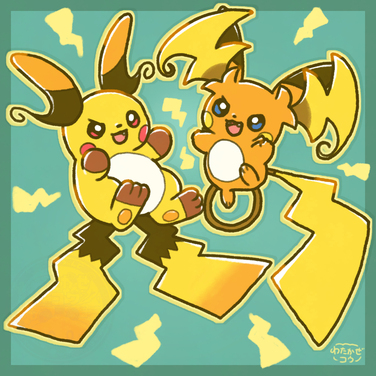 mega raichu x, mega raichu y, raichu, nintendo, pokemon, pokemon legends: z-a, highres, blue eyes, fang, fangs, full body, gen 1 pokemon, kouwtkz, lightning bolt symbol, mega pokemon, multiple tails, no humans, open mouth, orange fur, pokemon (creature), pokemon focus, red eyes, smile, tail, yellow fur