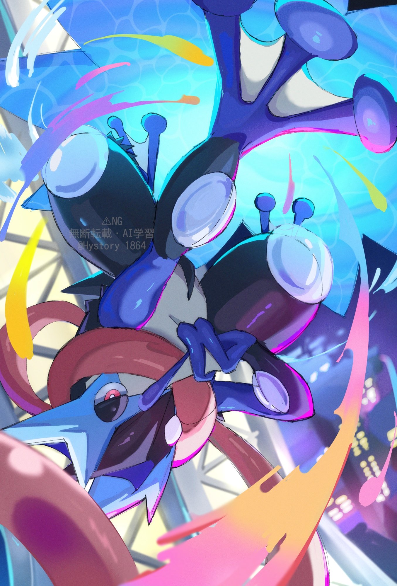 greninja, mega greninja, nintendo, pokemon, pokemon legends: z-a, highres, frog, gen 6 pokemon, hystory 1864, kuji-in, long tongue, night, ninja, shuriken, tongue, upside-down, weapon