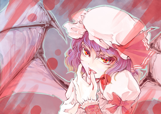 rokumen saikoro, remilia scarlet, touhou, bad id, bad pixiv id, 1girl, blood, blue hair, female focus, hat, ribbon, short hair, solo, tongue, wings