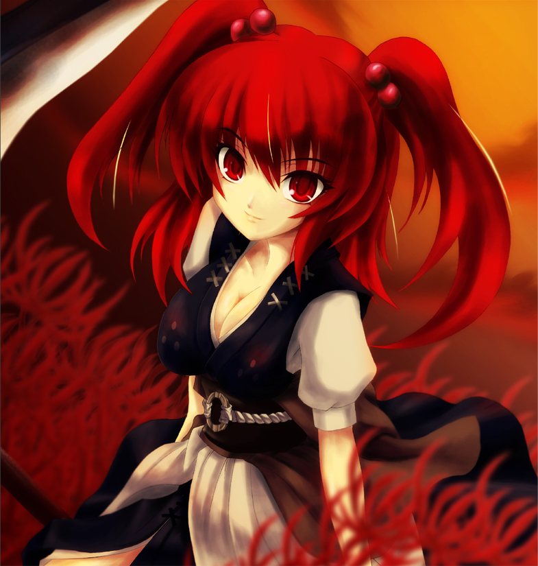 futami kito, onozuka komachi, touhou, bad id, bad pixiv id, 1girl, breasts, cleavage, dress, female focus, flower, medium breasts, nature, outdoors, plant, red flower, red hair, red theme, scythe, short hair, sky, solo, spider lily, twintails, two side up