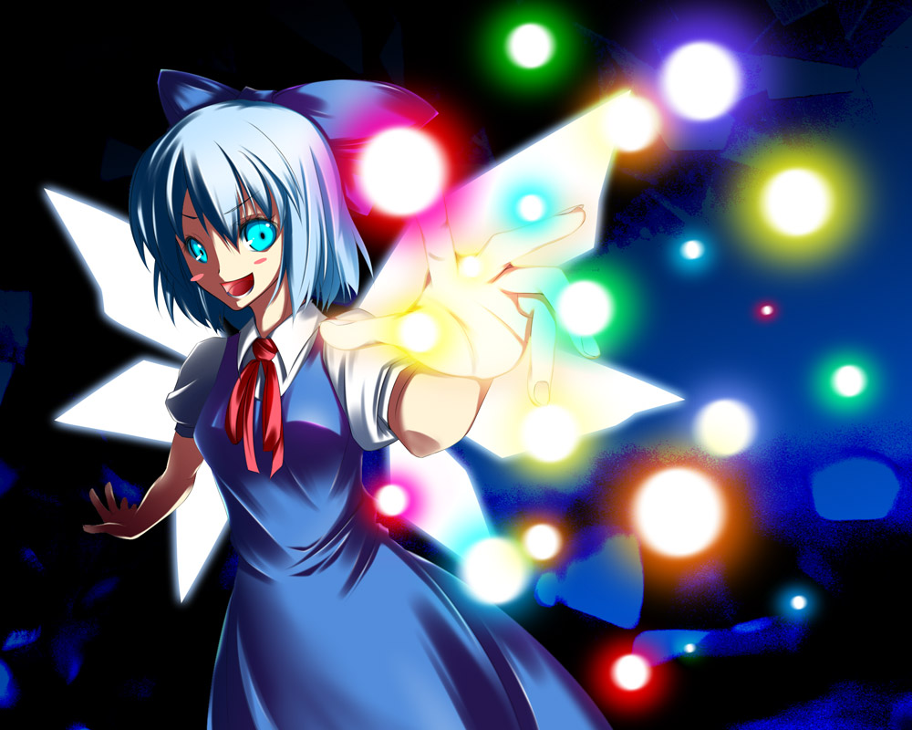 hiaki sora, cirno, embodiment of scarlet devil, touhou, bad id, bad pixiv id, 1girl, blue hair, danmaku, dress, female focus, gradient background, ribbon, short hair, solo, wings