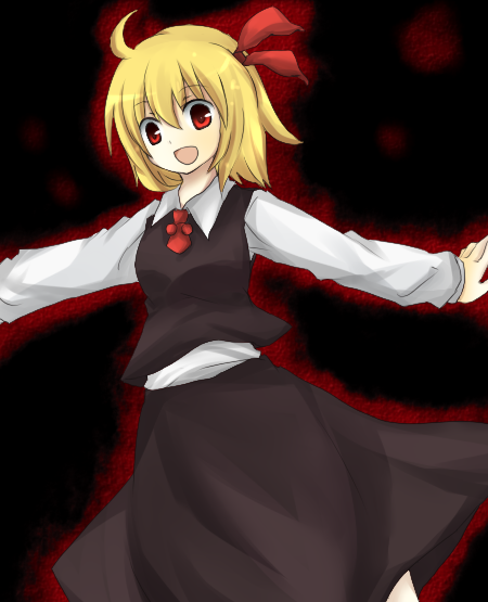 akina, rumia, embodiment of scarlet devil, touhou, bad id, bad pixiv id, 1girl, black background, blonde hair, female focus, outstretched arms, red eyes, ribbon, short hair, solo, spread arms, standing