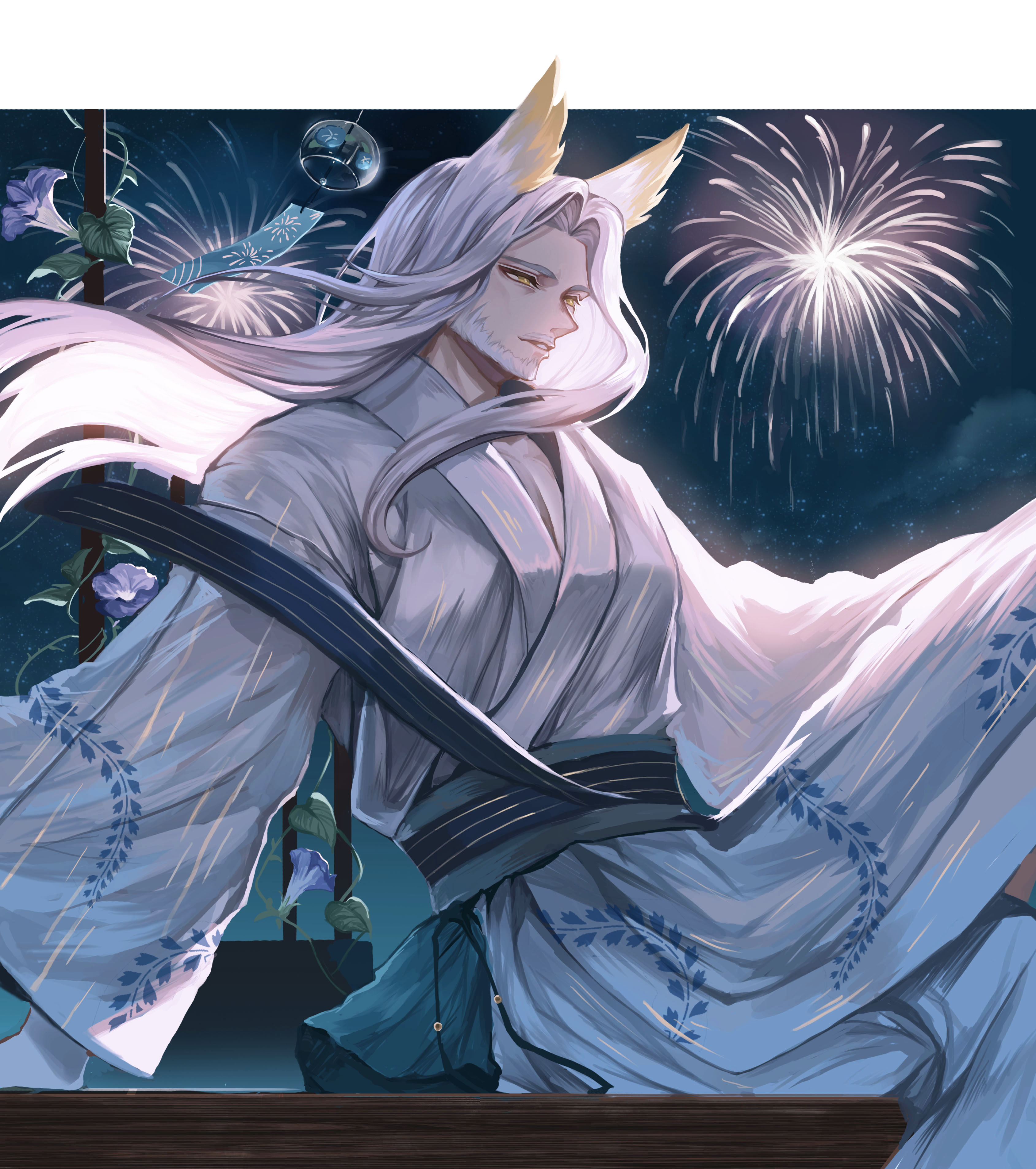 snow234, hellagur (arknights), arknights, absurdres, chinese commentary, highres, 1boy, aerial fireworks, arm support, beard, black sash, blue flower, border, curtained hair, facial hair, feet out of frame, fireworks, flower, head wings, japanese clothes, kimono, leaf print, letterboxed, long hair, long sleeves, looking ahead, male focus, mature male, morning glory, mustache, night, old, old man, outside border, parted bangs, parted lips, pectorals, print kimono, sash, sitting, smile, solo, trellis, waist sash, white border, white hair, white kimono, wind chime, wings, yellow eyes, yukata
