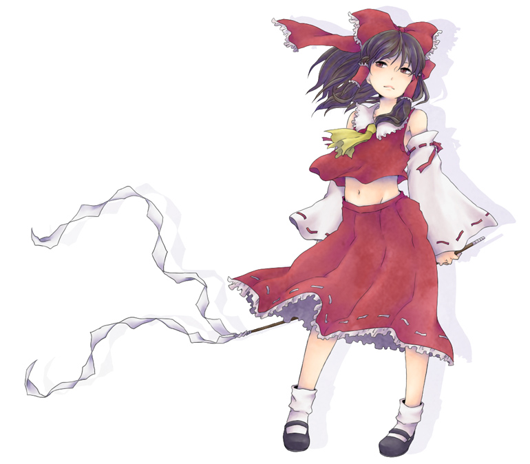 batako, batako (artist), hakurei reimu, touhou, 1girl, ascot, black hair, black shoes, detached sleeves, female focus, full body, gohei, japanese clothes, midriff, miko, navel, ribbon, shoes, simple background, skirt, solo, white background, yellow ascot
