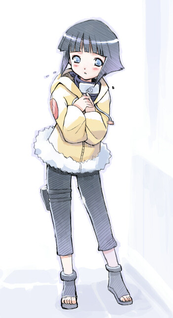 hyuuga hinata, naruto (classic), naruto (series), artist request, 1girl, black hair, blue eyes, blush, contrapposto, female focus, full body, fur trim, hand over heart, hands on own chest, logo, long sleeves, looking at viewer, nervous, sandals, short hair, simple background, solo, standing, tareme, toes