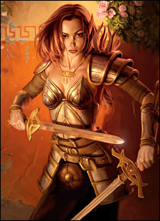 aribeth, aribeth de tylmarande, dungeons & dragons, neverwinter nights, lowres, 1girl, armor, brown hair, female focus, red hair, solo, sword, weapon