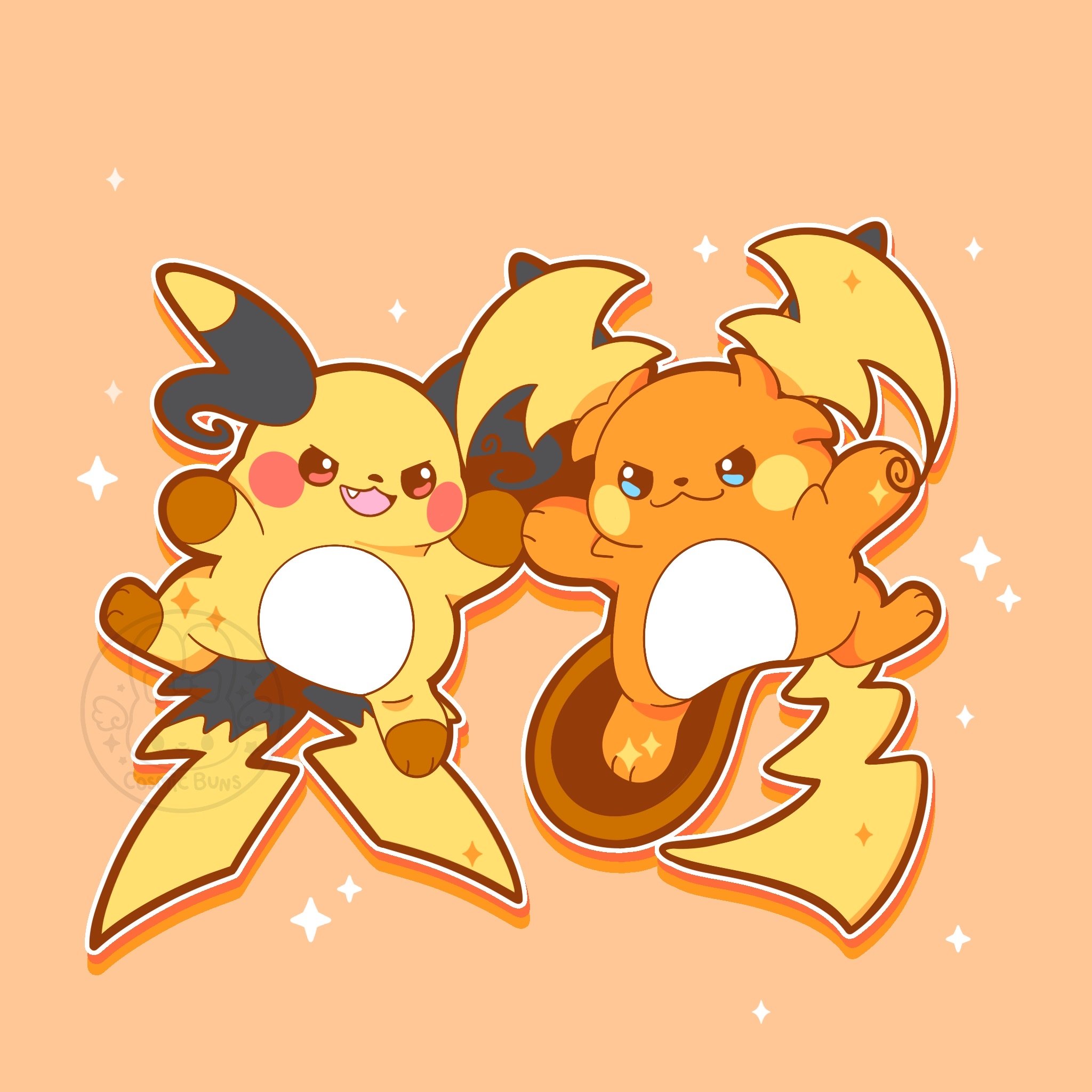 mega raichu x, mega raichu y, raichu, nintendo, pokemon, pokemon legends: z-a, highres, blue eyes, closed mouth, cosmicbunsart, fang, full body, gen 1 pokemon, mega pokemon, multiple tails, no humans, open mouth, orange fur, pokemon (creature), pokemon focus, red eyes, smile, star (symbol), tail, yellow fur